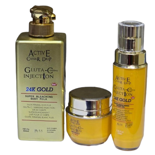 Active Caviar Drip Gluta-C Injection 24K Gold Super Bleaching Body Milk + Oil + Face Cream Intensive Whitening And Skin Revitalizing Set Infused With Gold And Glutathione