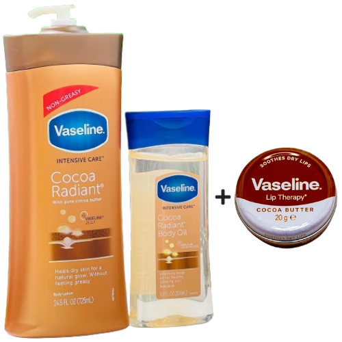 Free Gift! Vaseline Cocoa Radiant Body Lotion + Body Oil + Lip Therapy Combo For Deep Moisture, Smooth Skin And Soft Hydrated Lips Nourishes Softens And Restores Natural Glow From Head To Toe