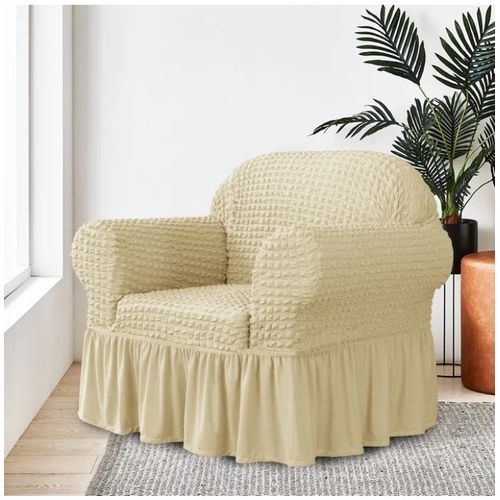 Fashion Sofa Cover with Skirt, Stretch Seersucker Sofa Slipcover Couch Covers Durable Furniture Protector for Kids and Pets Living Room Stretchable Turkey imported Seat covers - Cream / Light Yellow