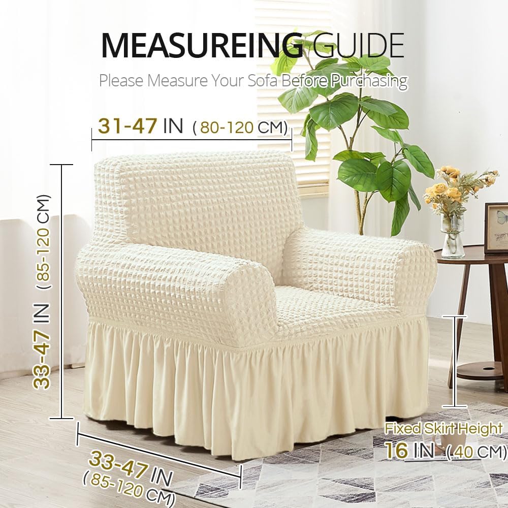 Fashion Sofa Cover with Skirt, Stretch Seersucker Sofa Slipcover Couch Covers Durable Furniture Protector for Kids and Pets Living Room Stretchable Turkey imported Seat covers - Cream / Light Yellow
