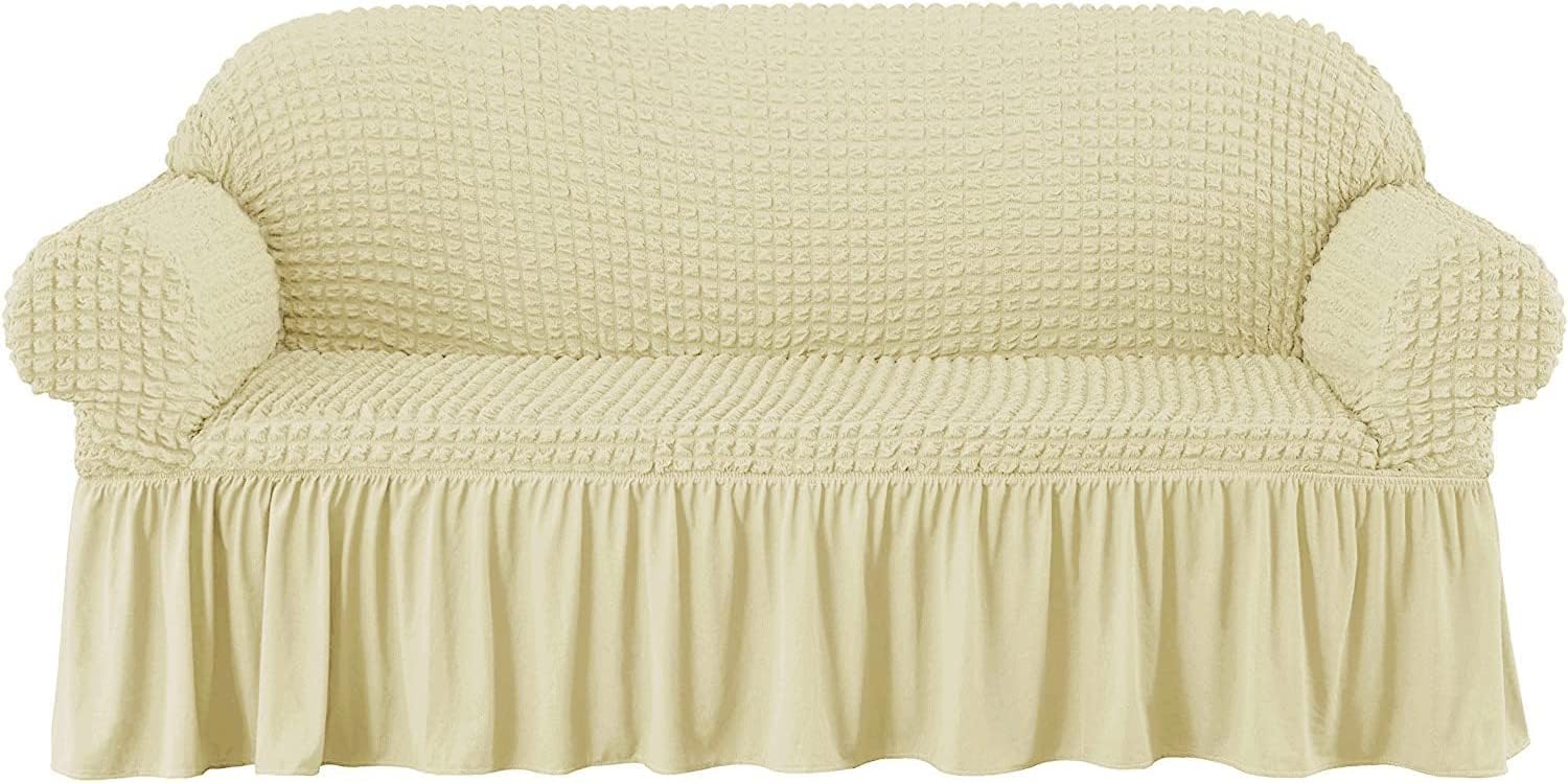 Fashion Sofa Cover with Skirt, Stretch Seersucker Sofa Slipcover Couch Covers Durable Furniture Protector for Kids and Pets Living Room Stretchable Turkey imported Seat covers - Cream / Light Yellow