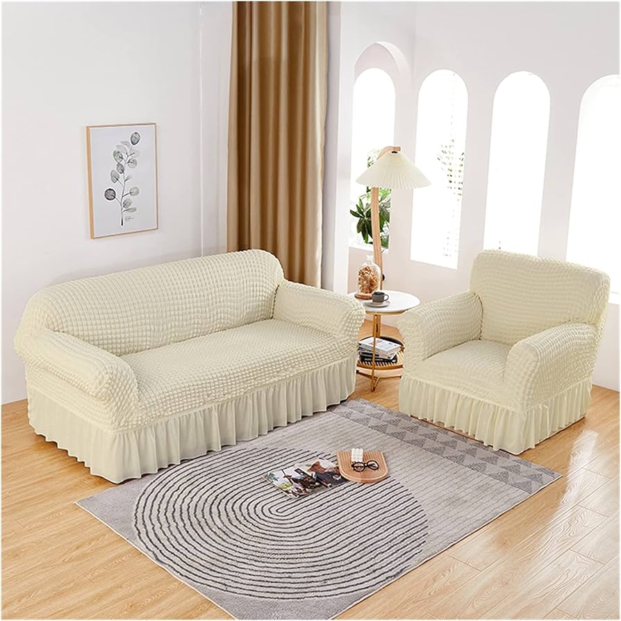 Fashion Sofa Cover with Skirt, Stretch Seersucker Sofa Slipcover Couch Covers Durable Furniture Protector for Kids and Pets Living Room Stretchable Turkey imported Seat covers - Cream / Light Yellow