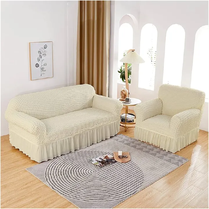 Fashion Sofa Cover with Skirt, Stretch Seersucker Sofa Slipcover Couch Covers Durable Furniture Protector for Kids and Pets Living Room Stretchable Turkey imported Seat covers - Cream / Light Yellow