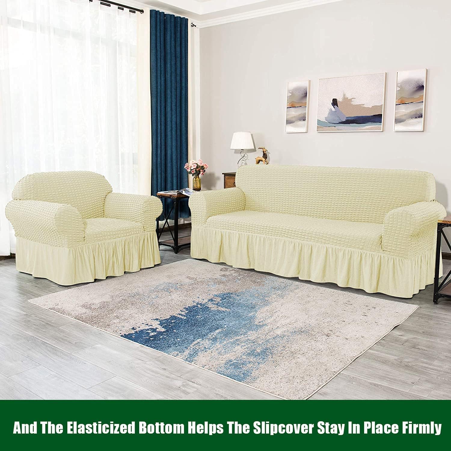 Fashion Sofa Cover with Skirt, Stretch Seersucker Sofa Slipcover Couch Covers Durable Furniture Protector for Kids and Pets Living Room Stretchable Turkey imported Seat covers - Cream / Light Yellow