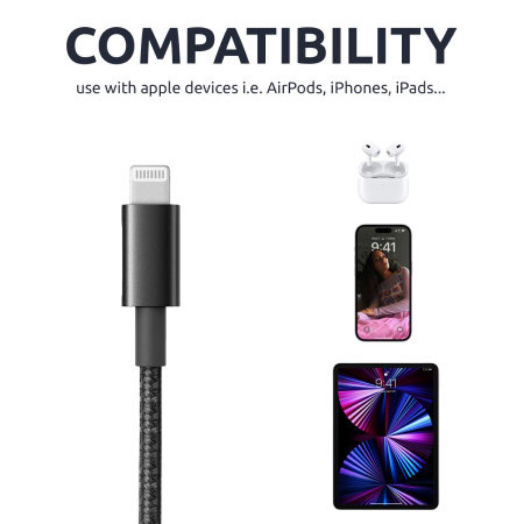Braided USB-A to Lightning Charge And Data Sync Cable - 2m - Black - For iPhone 6 7 12 13 14 Pro Max