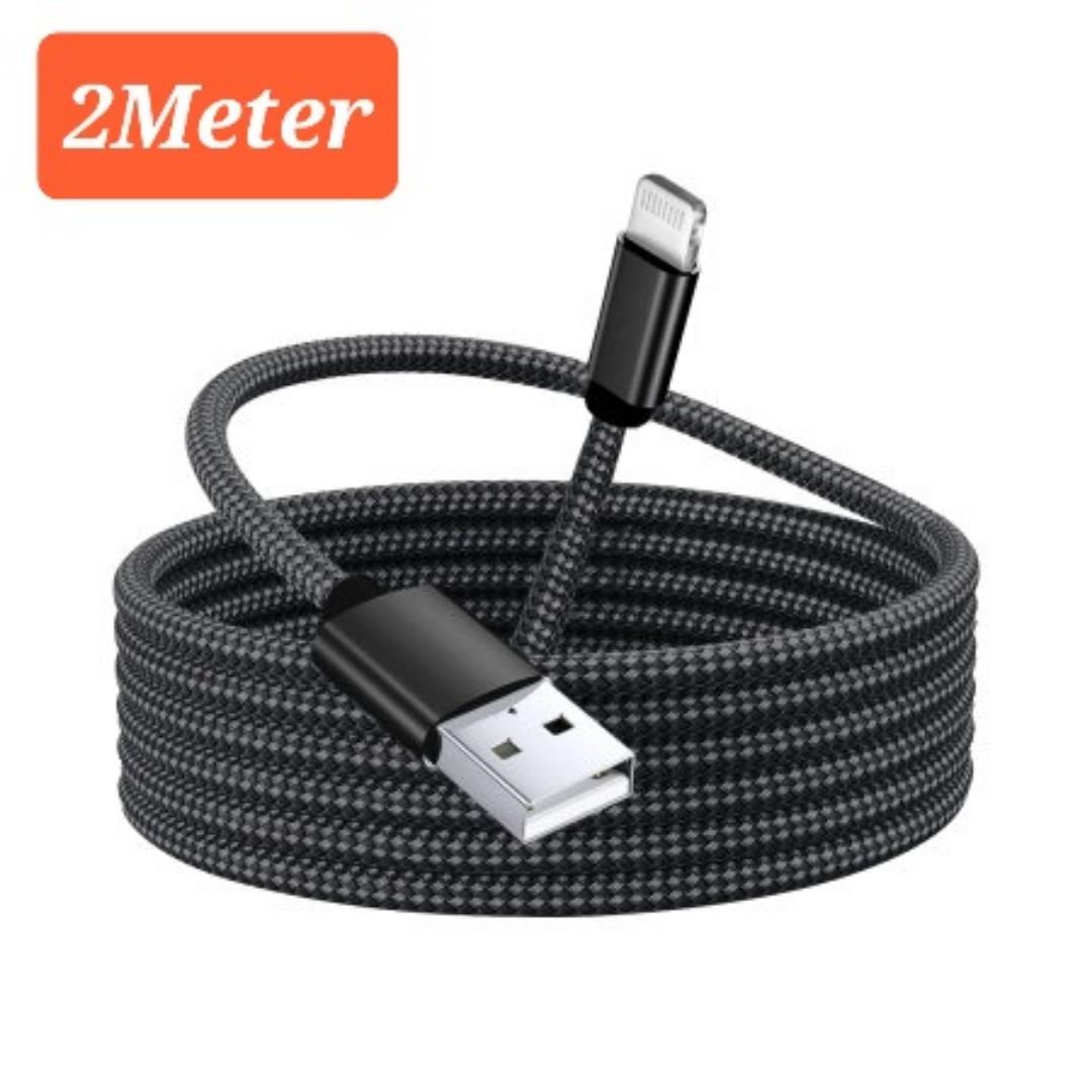 Braided USB-A to Lightning Charge And Data Sync Cable - 2m - Black - For iPhone 6 7 12 13 14 Pro Max