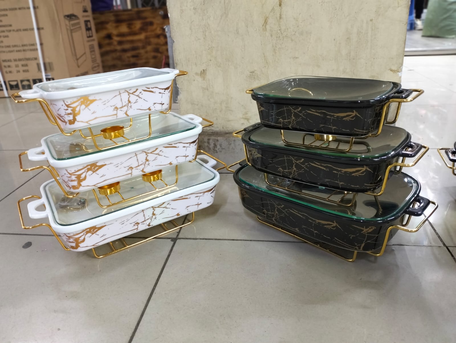 3pcs Ceramic Food Warmers. Ceramic, Gold plated stands