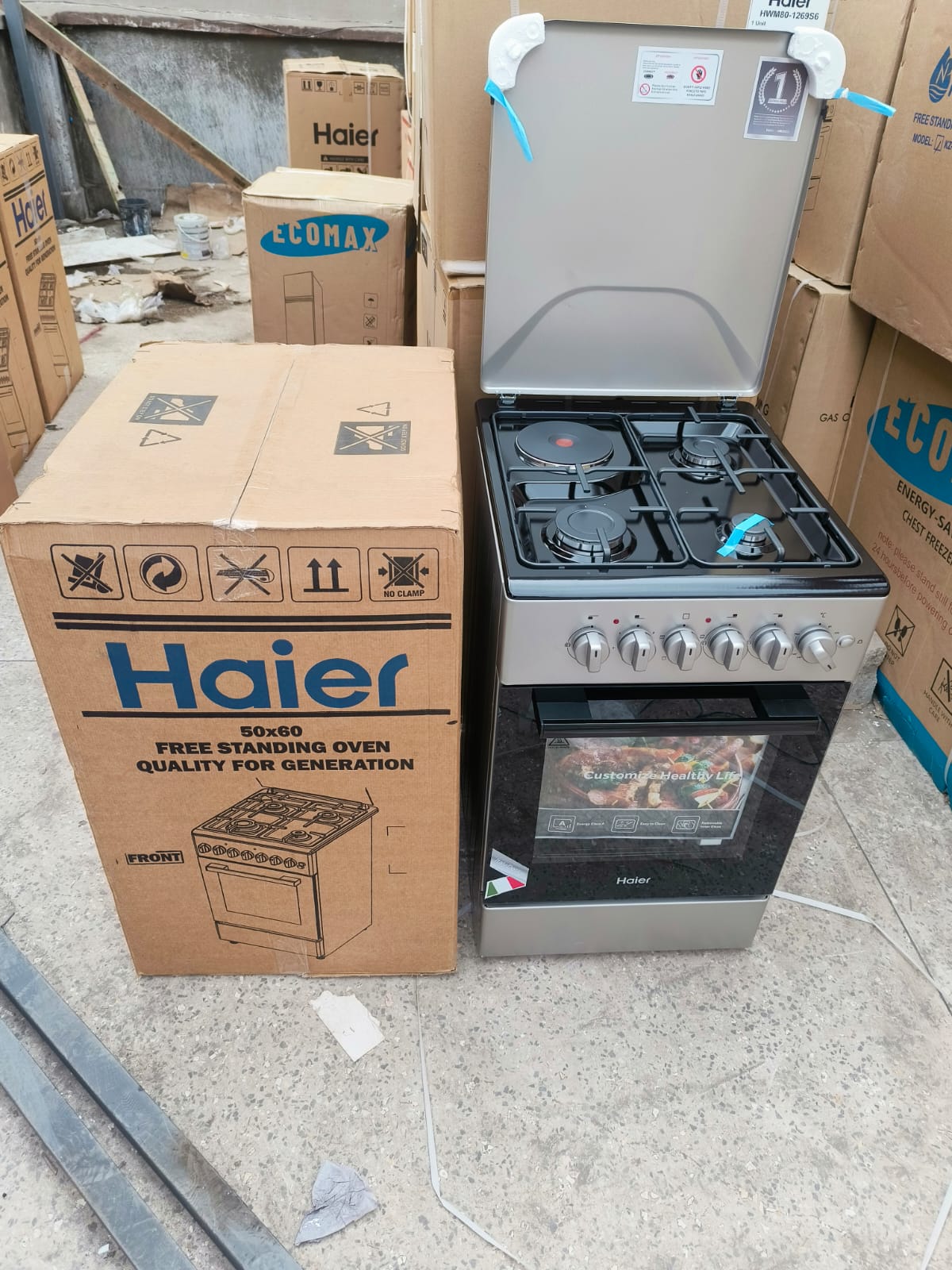 Share this product


Haier 50x60cm Standing Cooker 3Gas + 1 Electric Hotplate, Electric Oven High Quality Gas Saving Efficient Automatic Ignition Metal Lid Cover