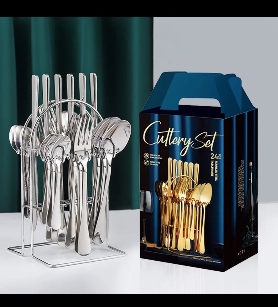 Steel Dinnerware Silverware Cutlery Spoon Fork 24 Pcs Set Golden