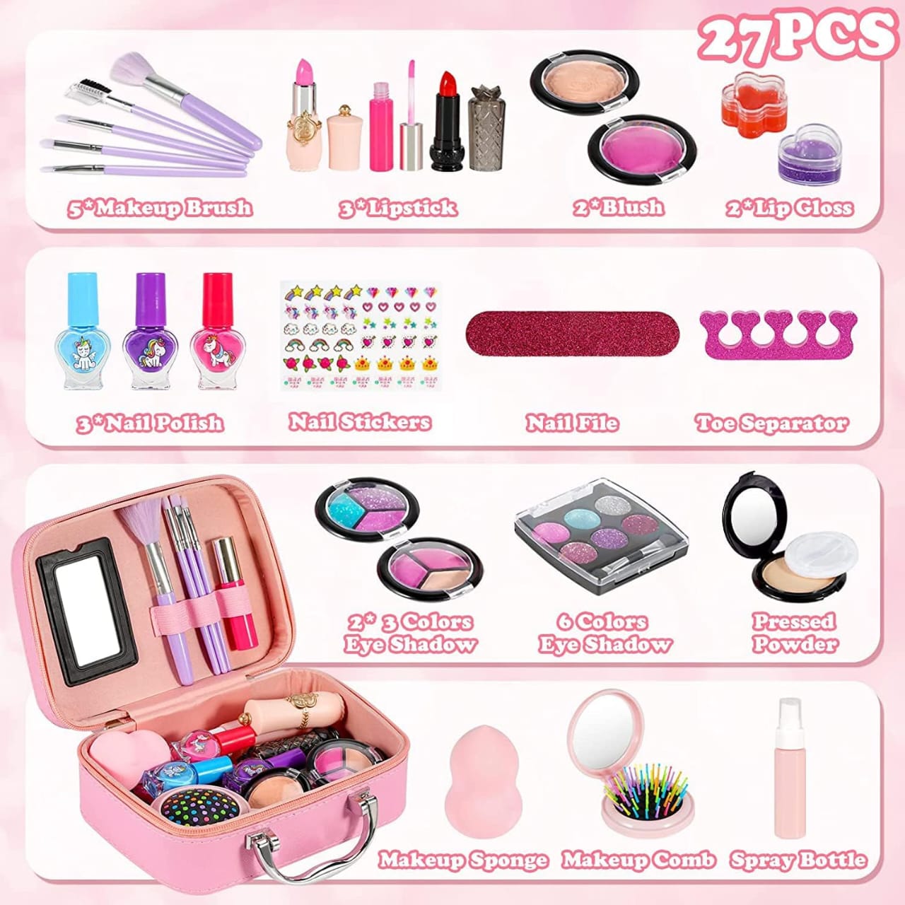 Girls Makeup Kit Kids Make Up Set Real Cosmetics Play Set with Travel Cosmetic Case Washable Party Game Make Up Toys Chrismas Birthday Gift for Little Girls