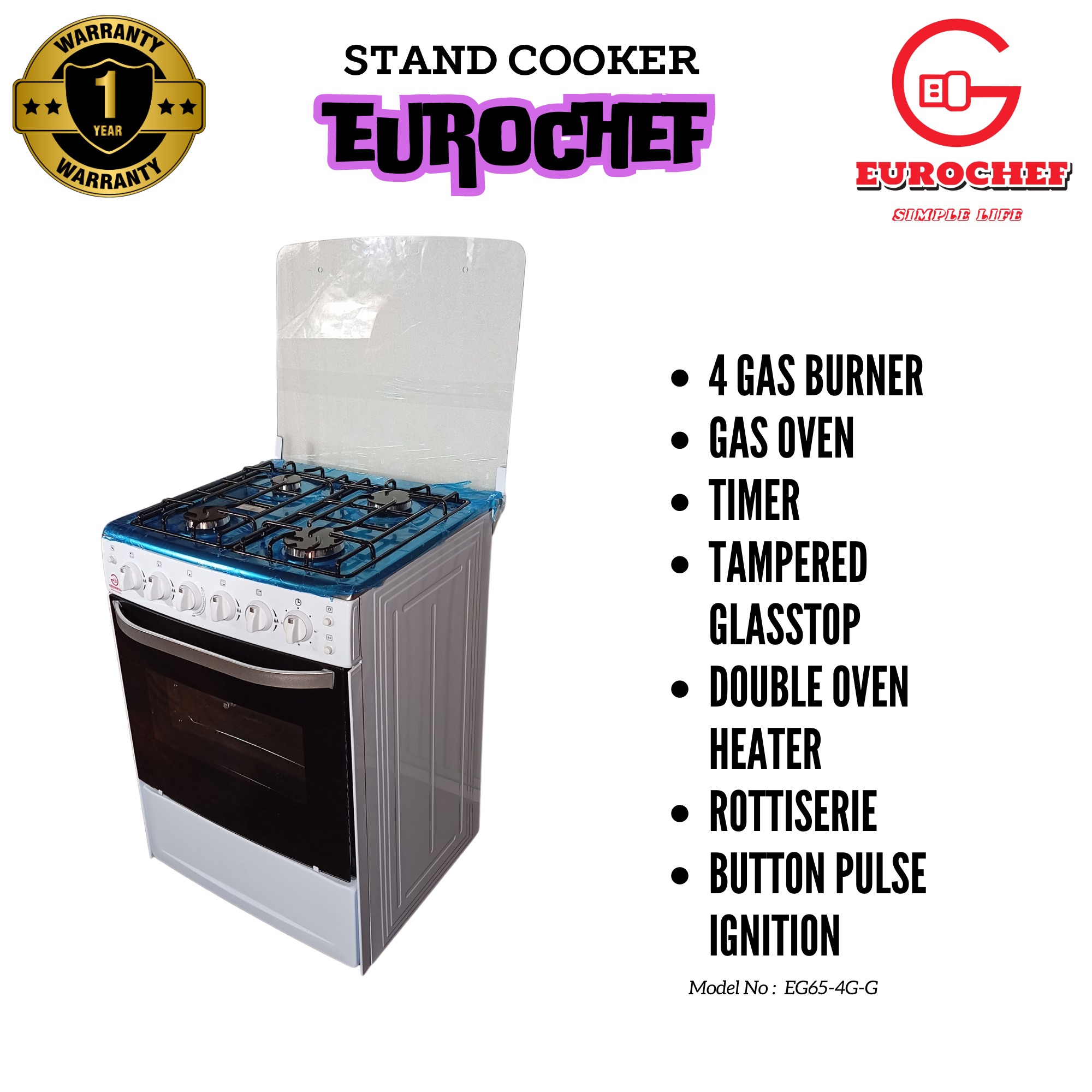 Special Offer Eurochef EG65-4G+G Free Standing 4 Gas Burners Oven Cooker Gas Cooker