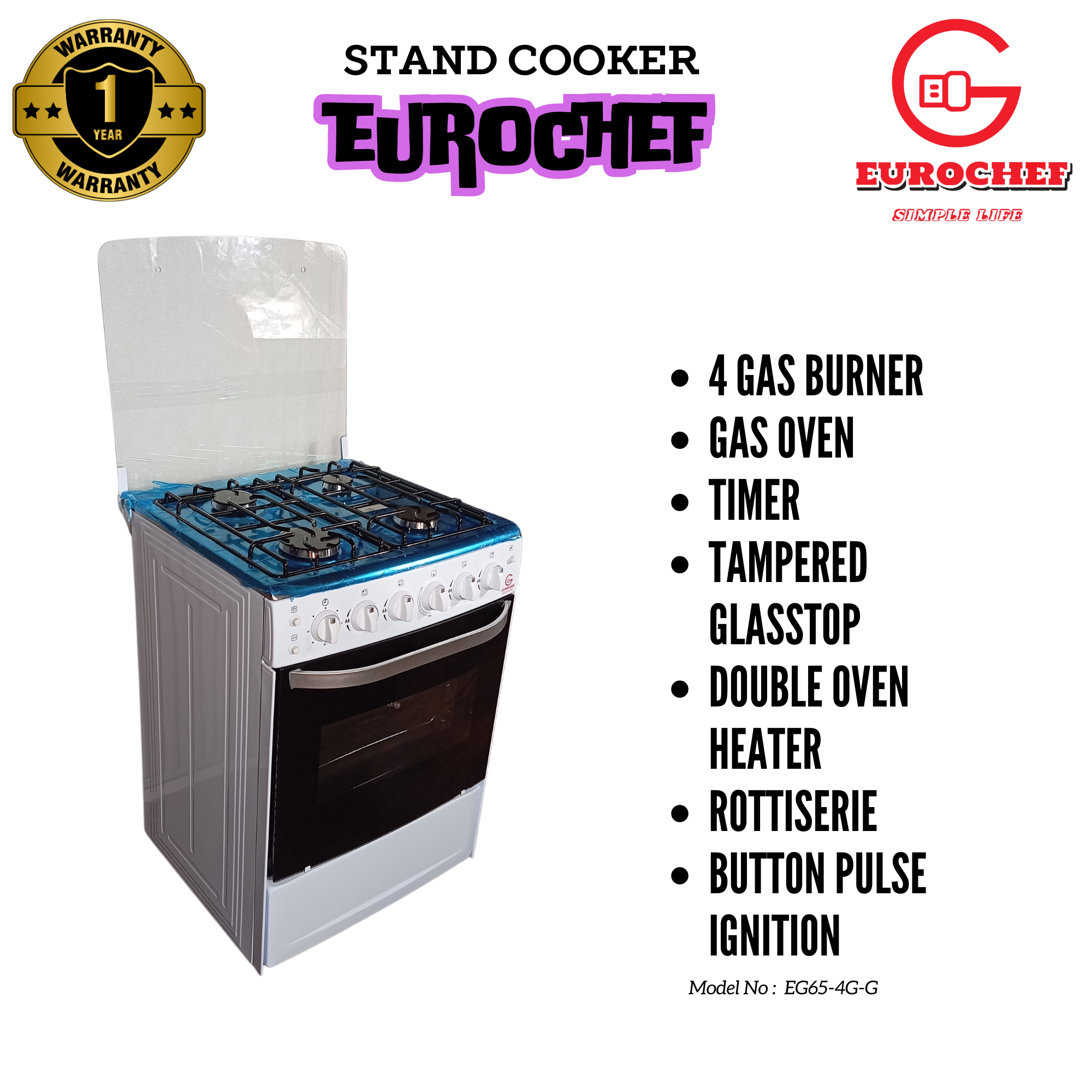 Special Offer Eurochef EG65-4G+G Free Standing 4 Gas Burners Oven Cooker Gas Cooker