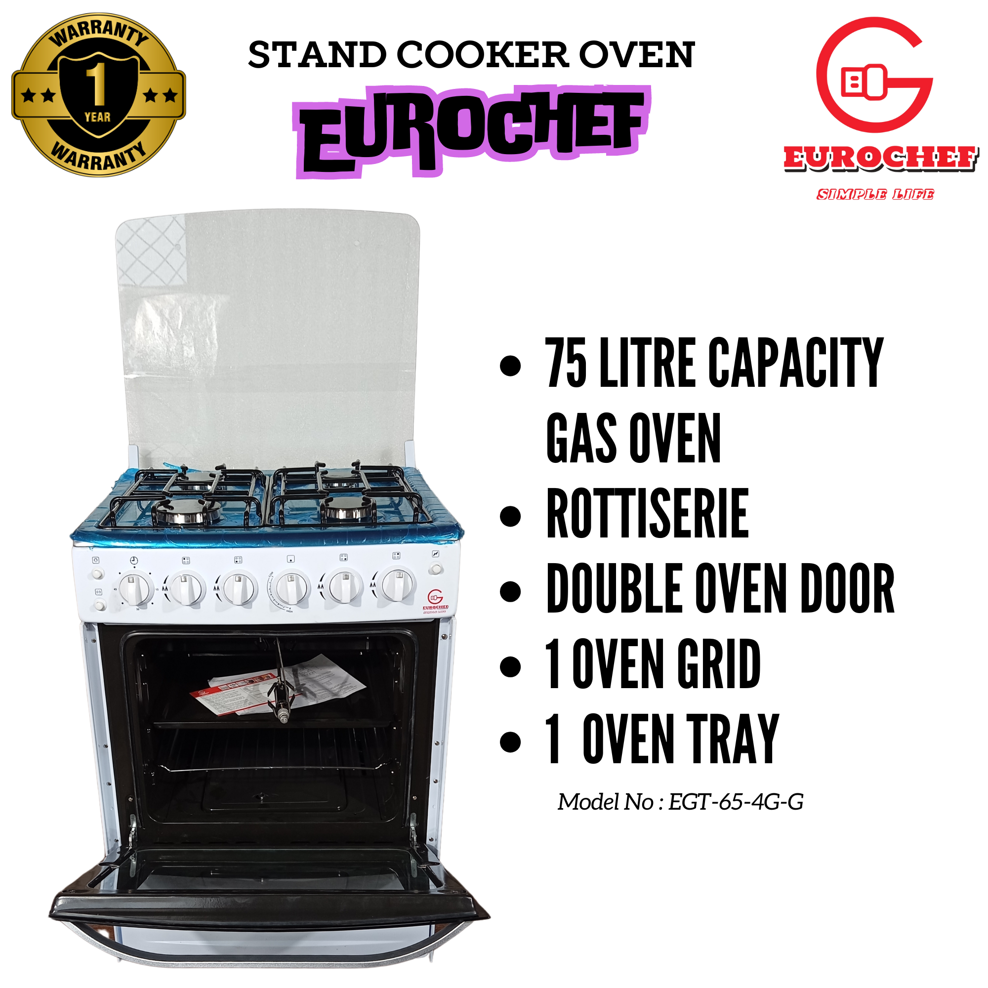 Special Offer Eurochef EG65-4G+G Free Standing 4 Gas Burners Oven Cooker Gas Cooker