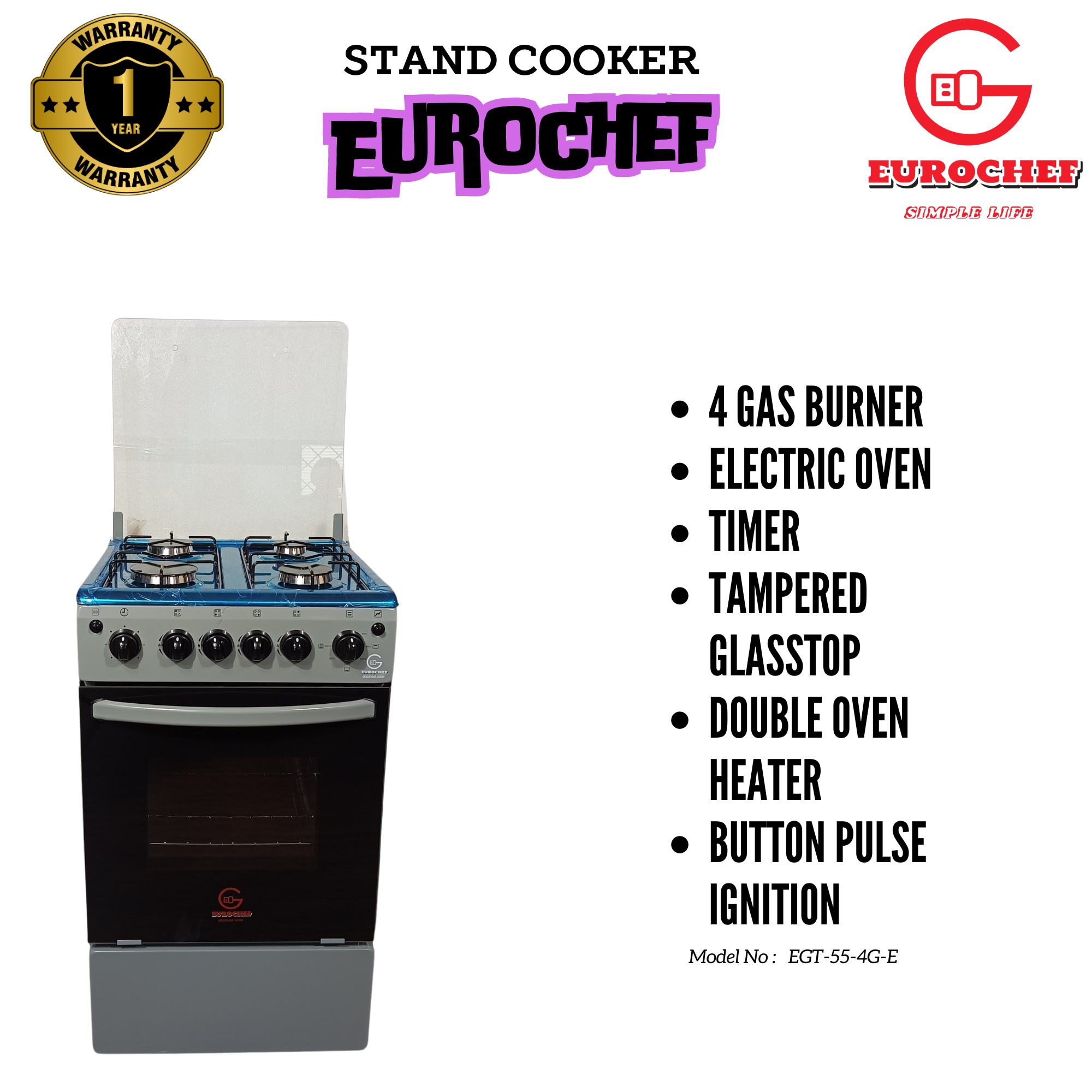 SPECIAL OFFER EUROCHEF EG55-4G+E 4 Gas Burner + Electric Oven Stand Gas Cooker  50x55cm