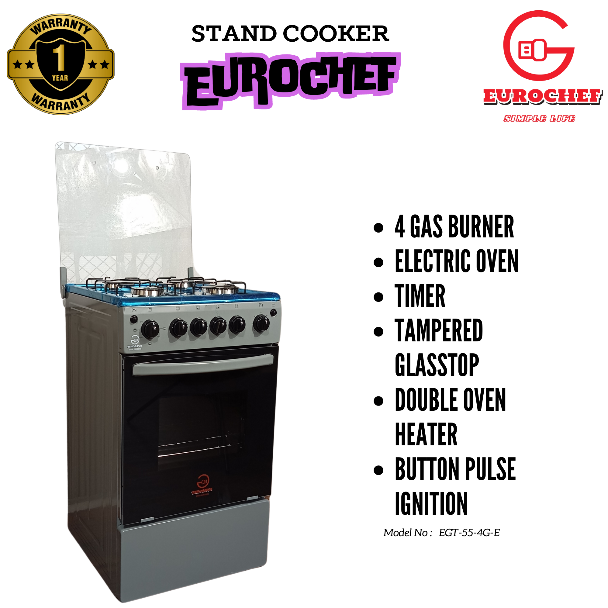 SPECIAL OFFER EUROCHEF EG55-4G+E 4 Gas Burner + Electric Oven Stand Gas Cooker  50x55cm