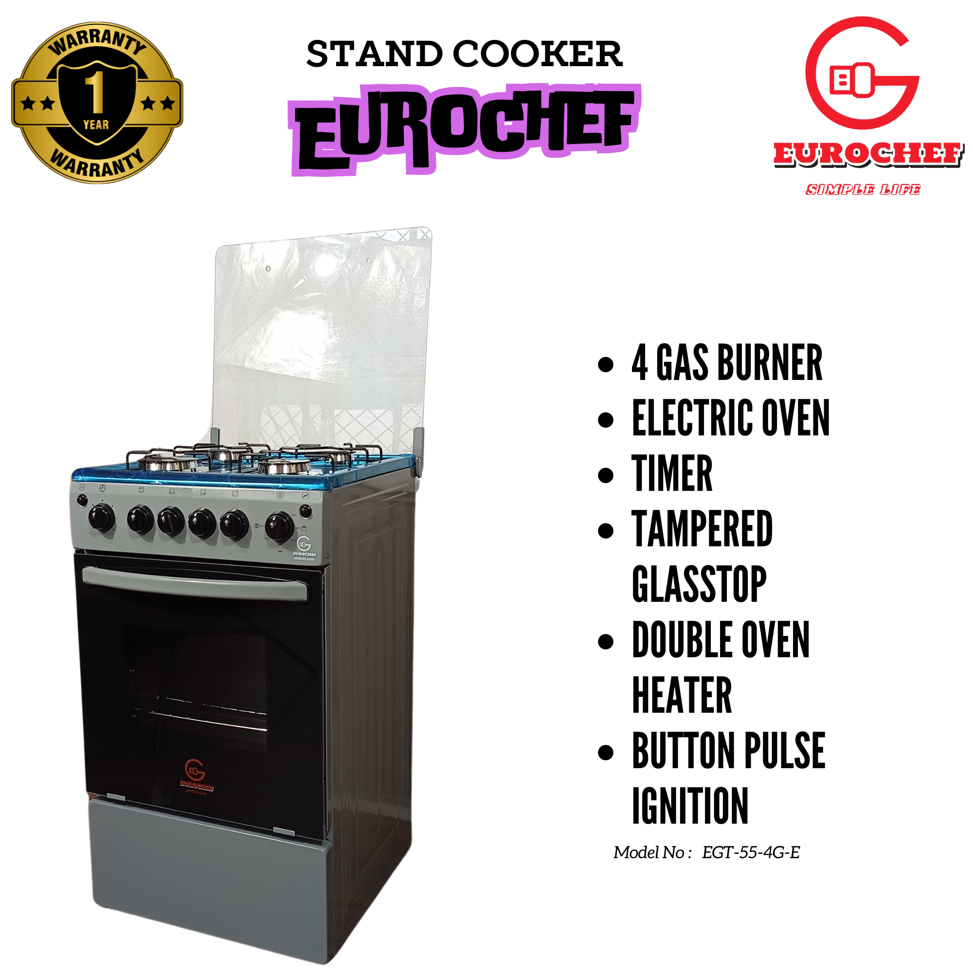 SPECIAL OFFER EUROCHEF EG55-4G+E 4 Gas Burner + Electric Oven Stand Gas Cooker  50x55cm