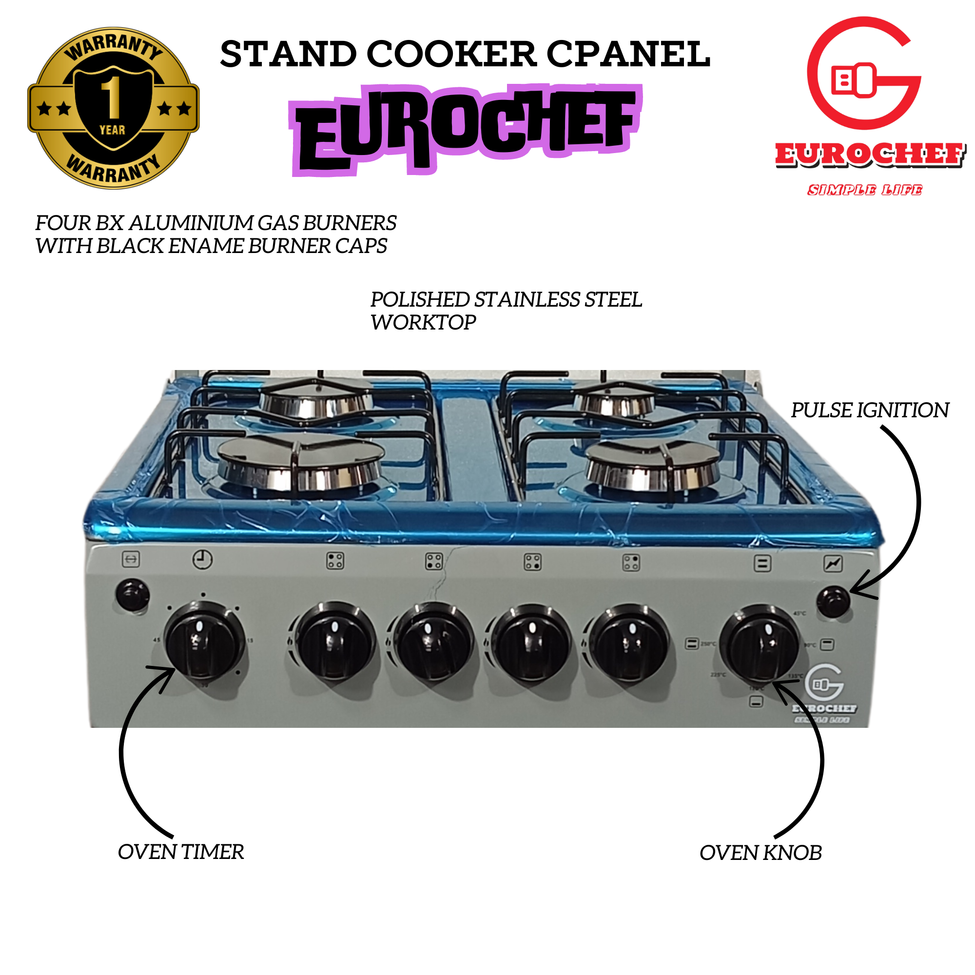 SPECIAL OFFER EUROCHEF EG55-4G+E 4 Gas Burner + Electric Oven Stand Gas Cooker  50x55cm