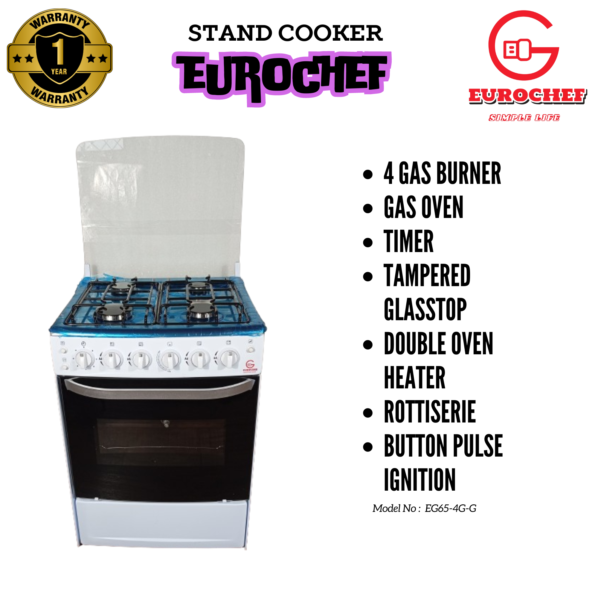 Special Offer Eurochef EG65-4G+G Free Standing 4 Gas Burners Oven Cooker Gas Cooker