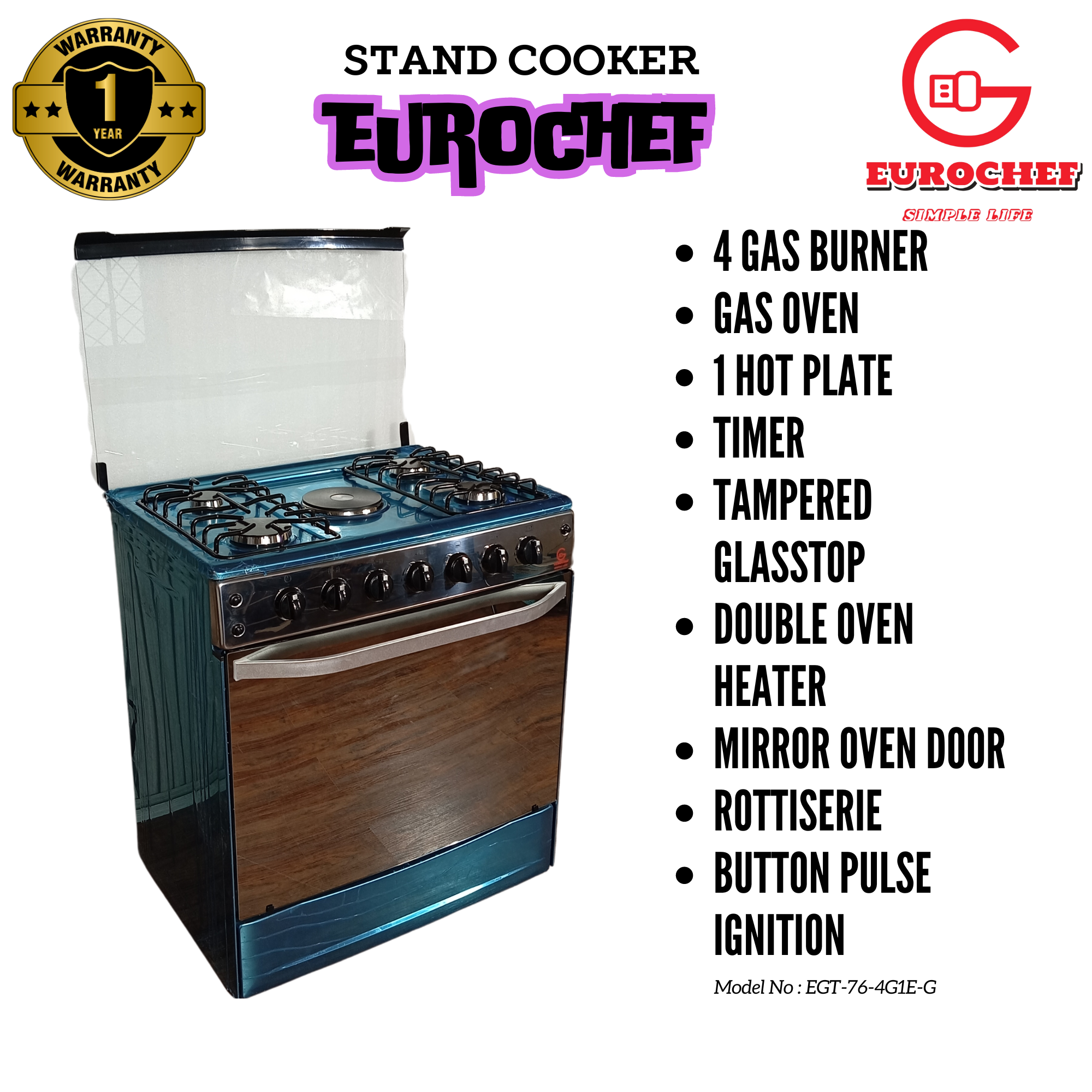 CLEARANCE OFFER Eurochef EG76-4G1E-G 4 Gas 1 Hot Plate stand cooker with Gas Oven