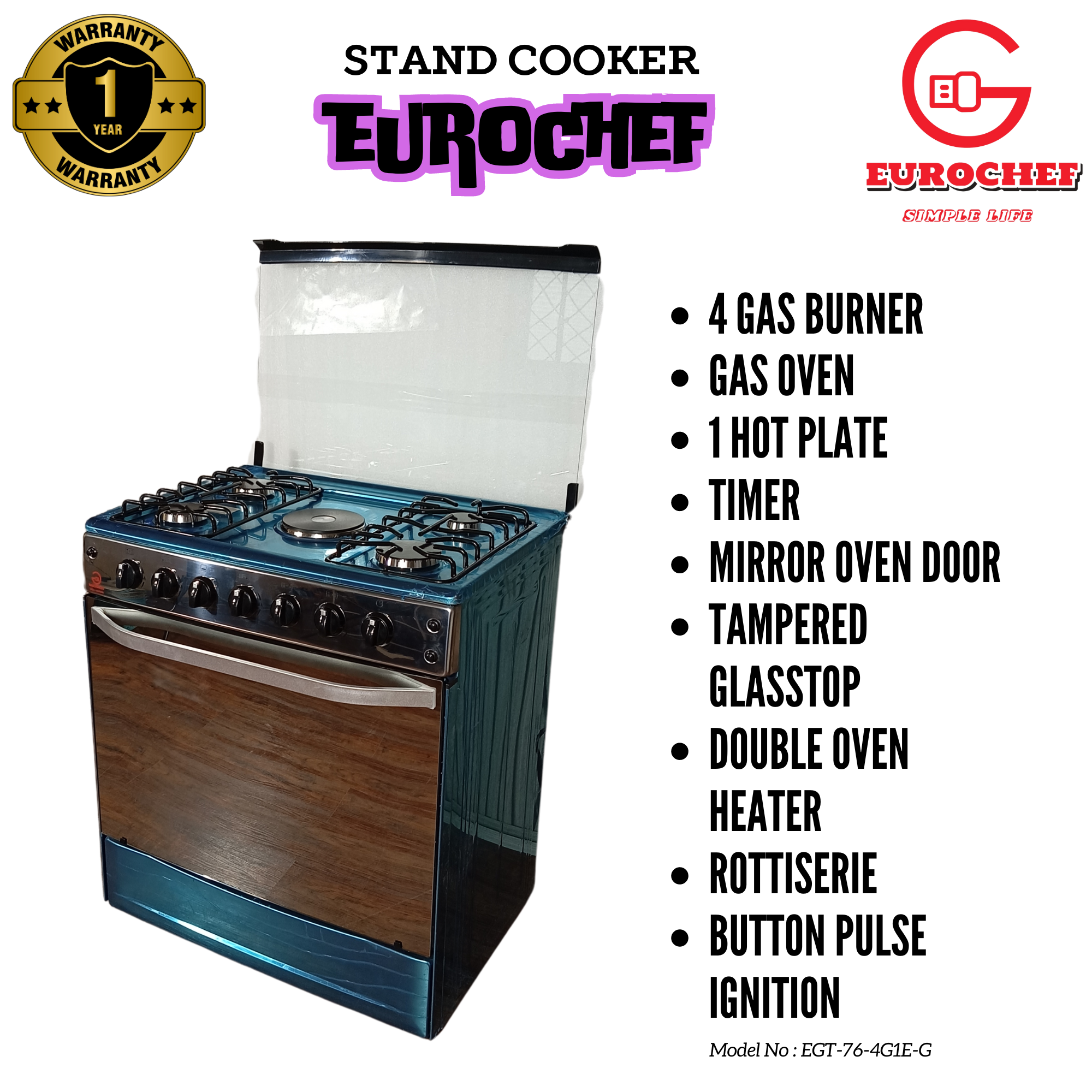 CLEARANCE OFFER Eurochef EG76-4G1E-G 4 Gas 1 Hot Plate stand cooker with Gas Oven