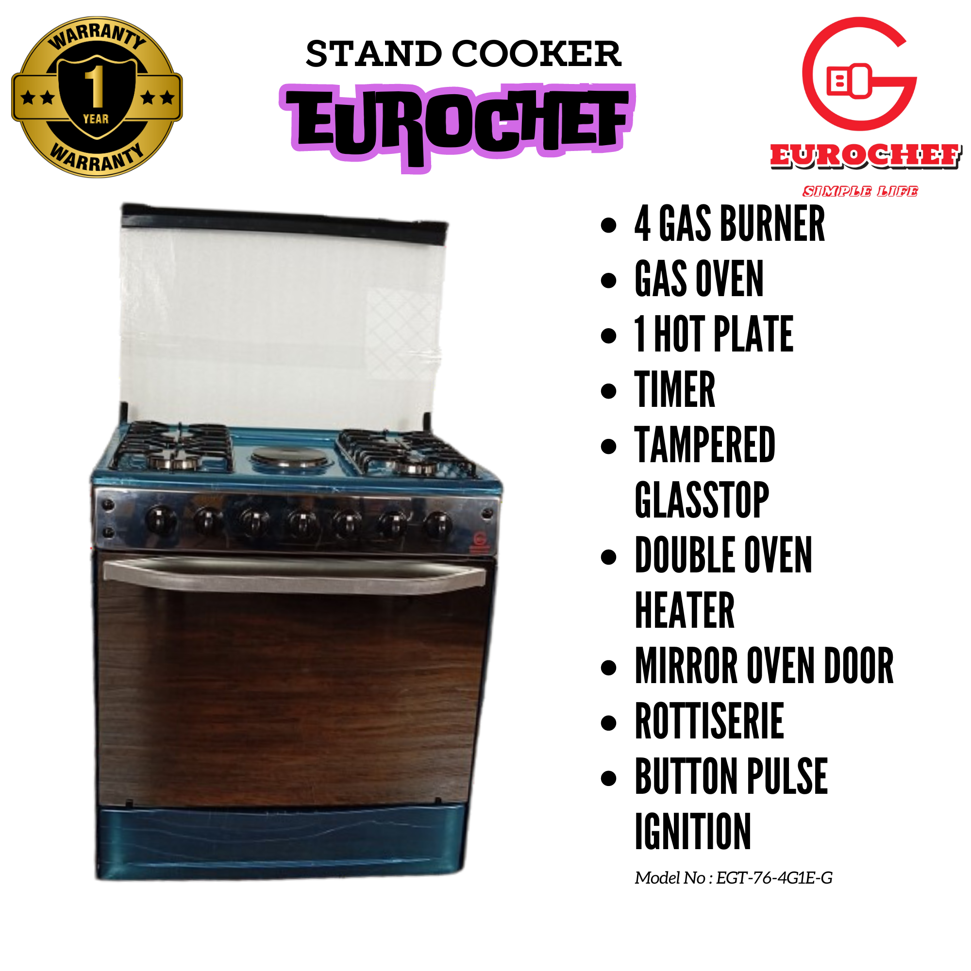 CLEARANCE OFFER Eurochef EG76-4G1E-G 4 Gas 1 Hot Plate stand cooker with Gas Oven