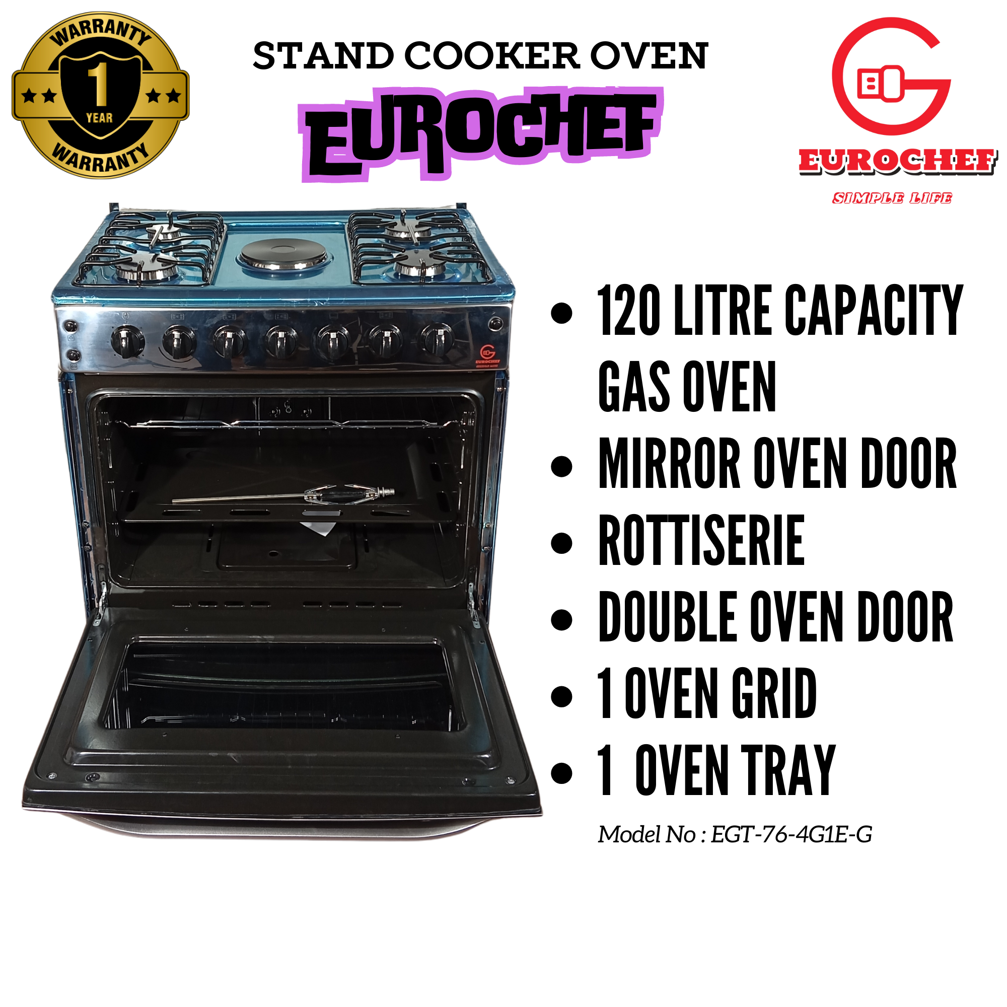 CLEARANCE OFFER Eurochef EG76-4G1E-G 4 Gas 1 Hot Plate stand cooker with Gas Oven