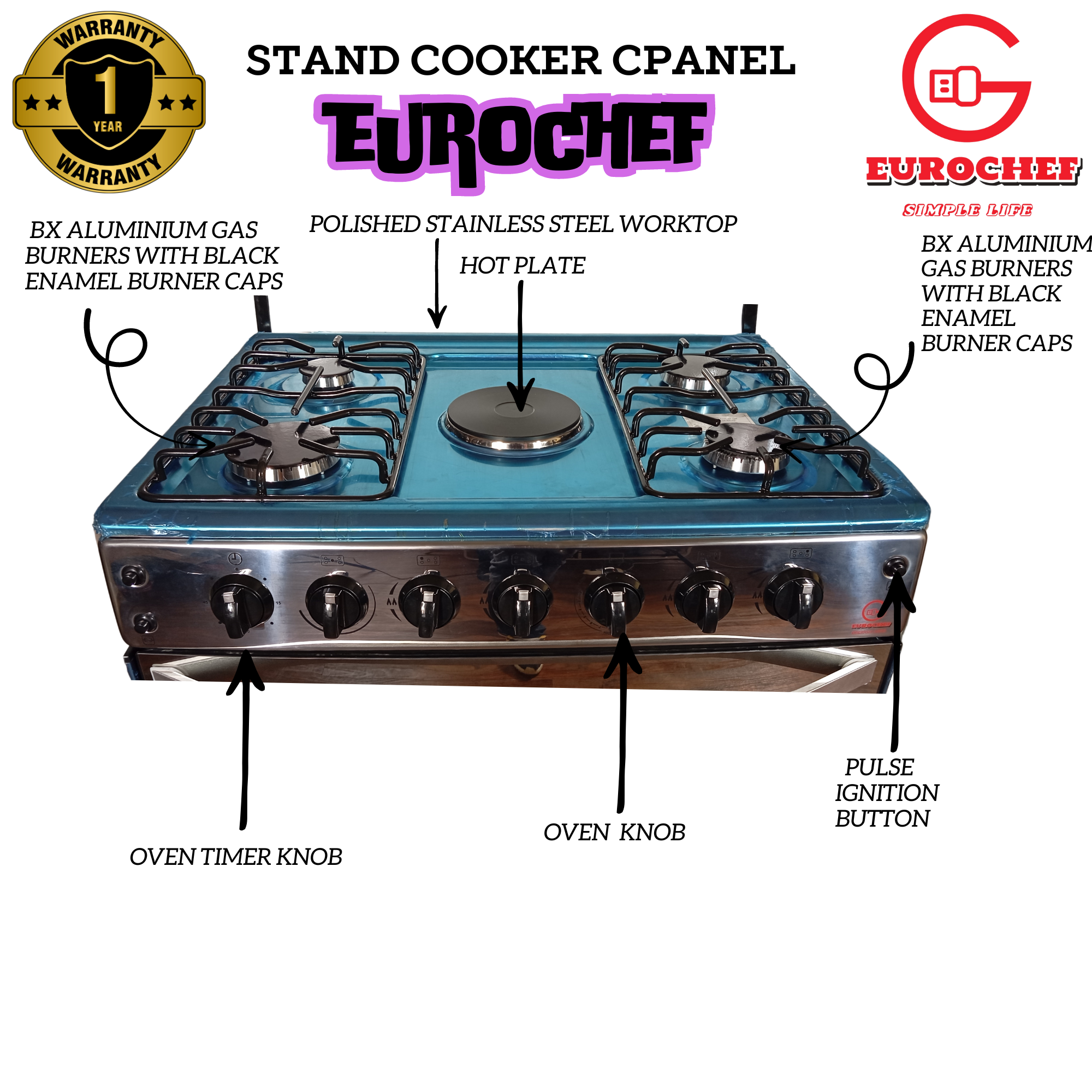 CLEARANCE OFFER Eurochef EG76-4G1E-G 4 Gas 1 Hot Plate stand cooker with Gas Oven