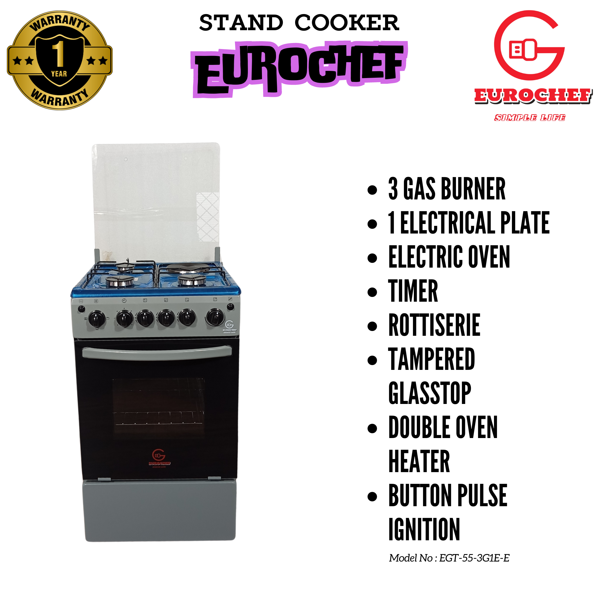 SPECIAL OFFER Eurochef EGT-55-3G1E-E 3 Gas Burner + 1 Hot Plate with Electric Oven 55x50cm