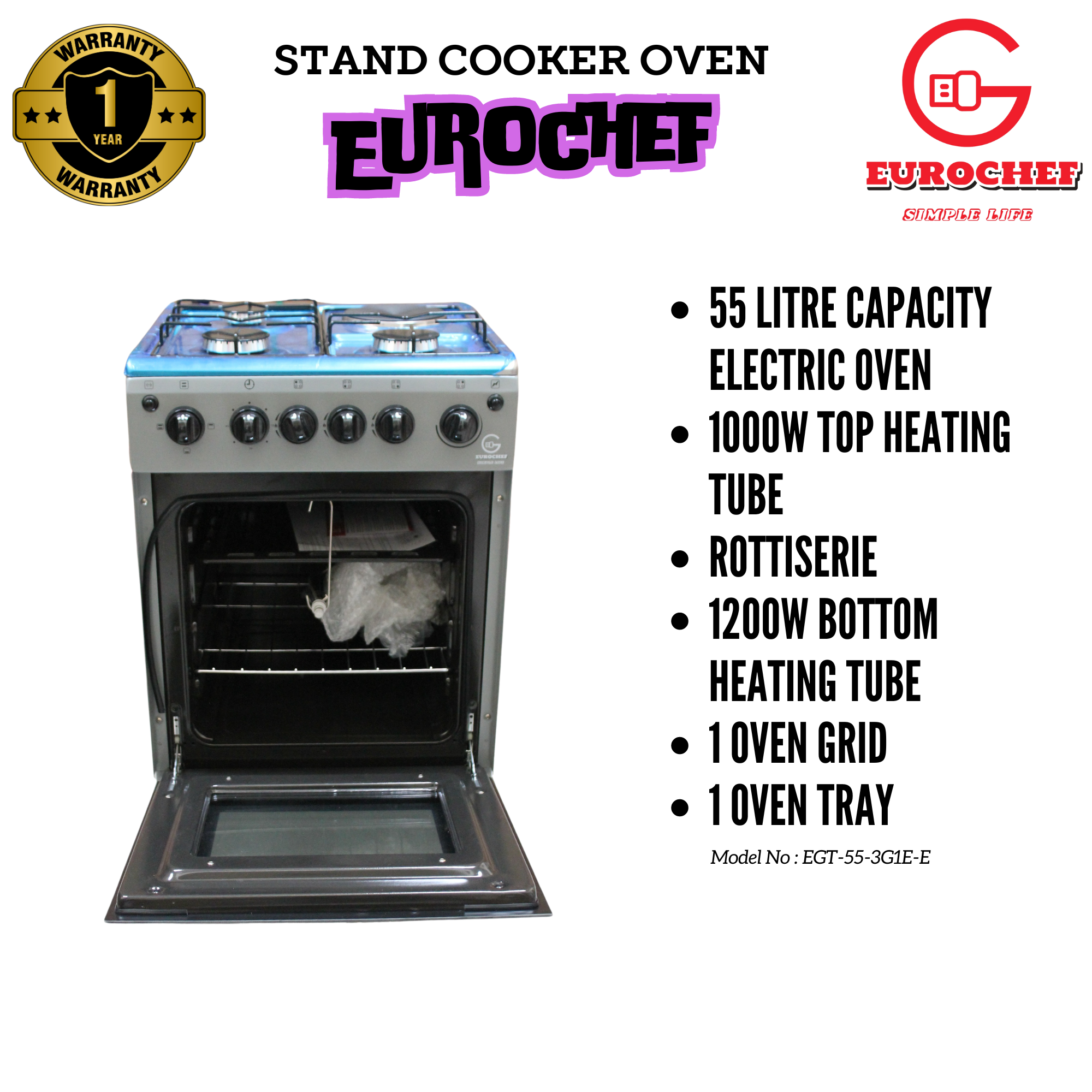 SPECIAL OFFER Eurochef EGT-55-3G1E-E 3 Gas Burner + 1 Hot Plate with Electric Oven 55x50cm