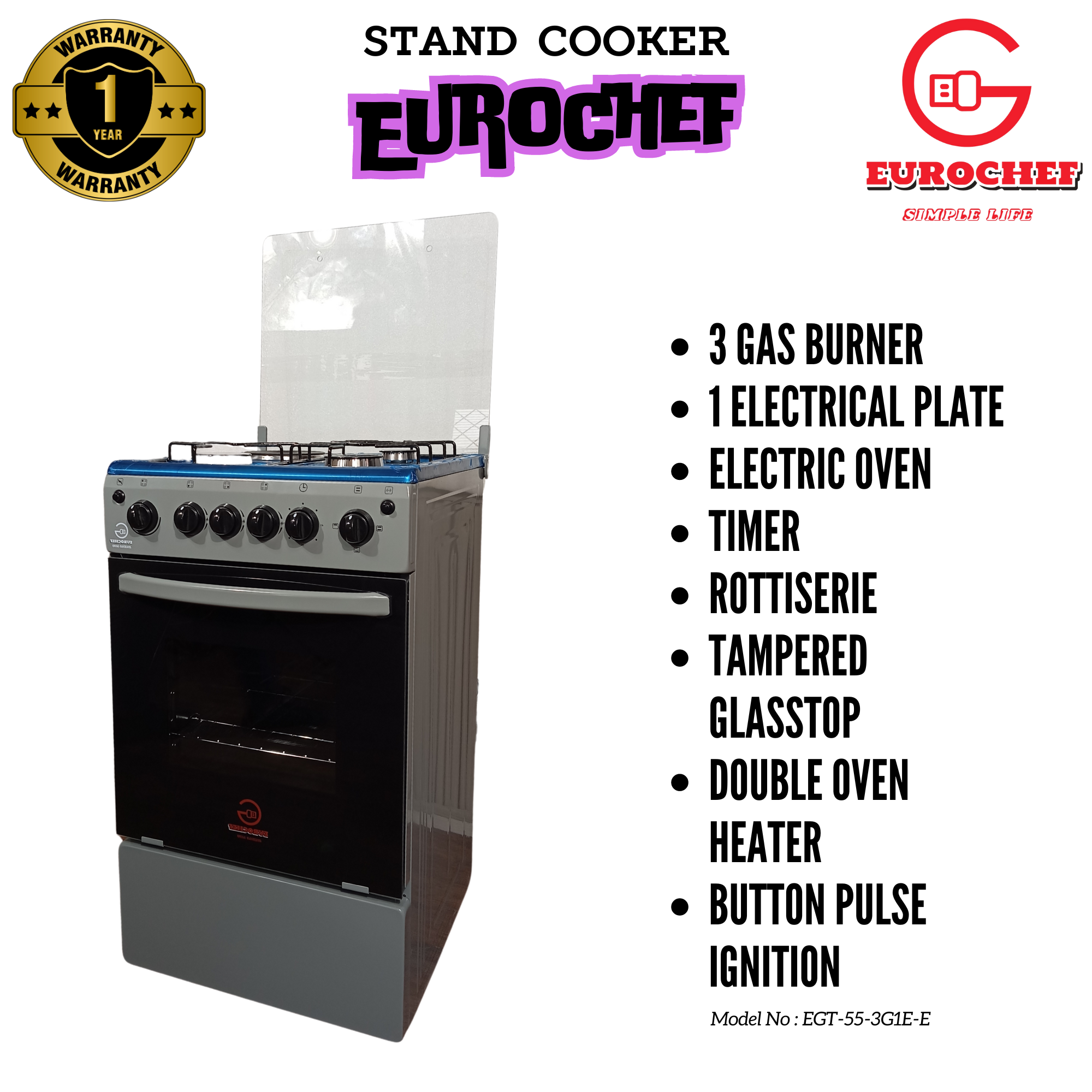 SPECIAL OFFER Eurochef EGT-55-3G1E-E 3 Gas Burner + 1 Hot Plate with Electric Oven 55x50cm