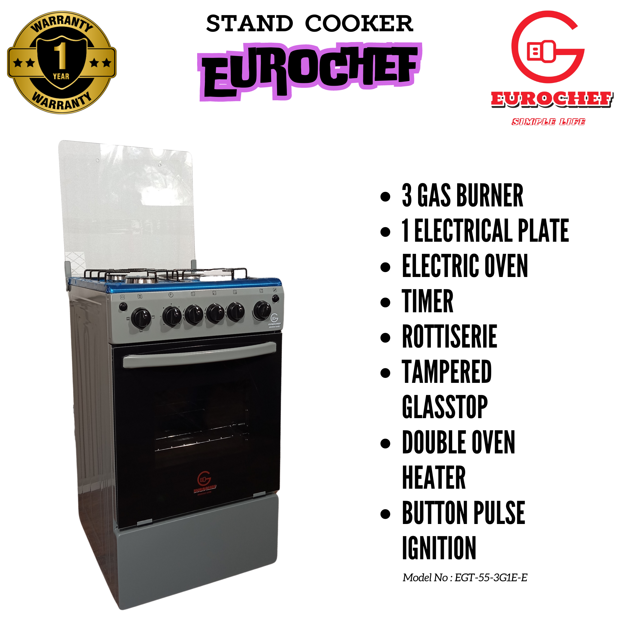 SPECIAL OFFER Eurochef EGT-55-3G1E-E 3 Gas Burner + 1 Hot Plate with Electric Oven 55x50cm