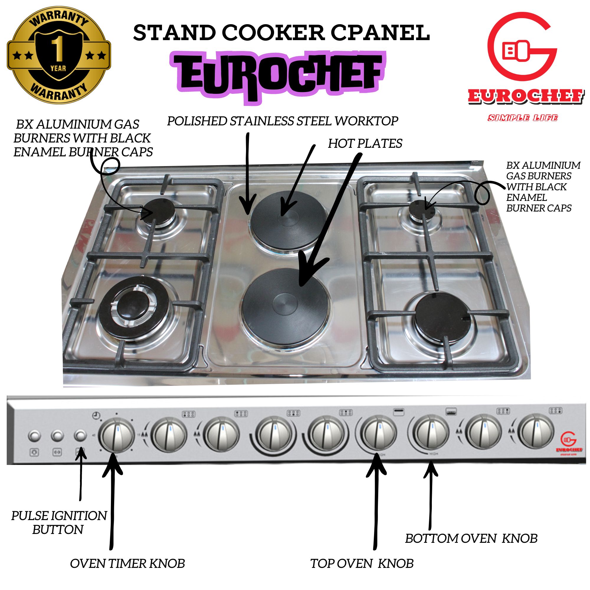 EUROCHEF EG90-4G2E STAND GAS COOKER 90X60CM Gas Oven  Silver