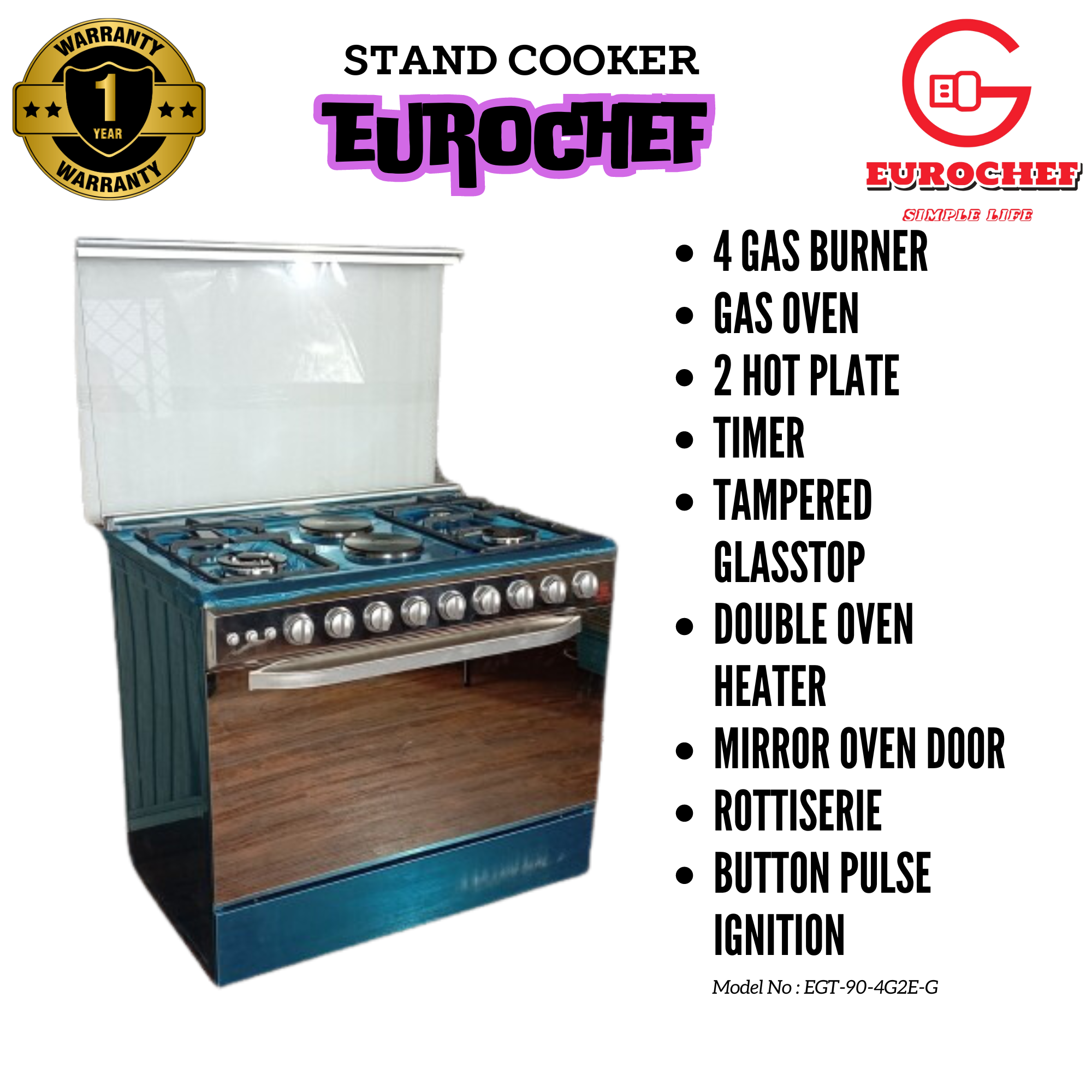 EUROCHEF EG90-4G2E STAND GAS COOKER 90X60CM Gas Oven  Silver