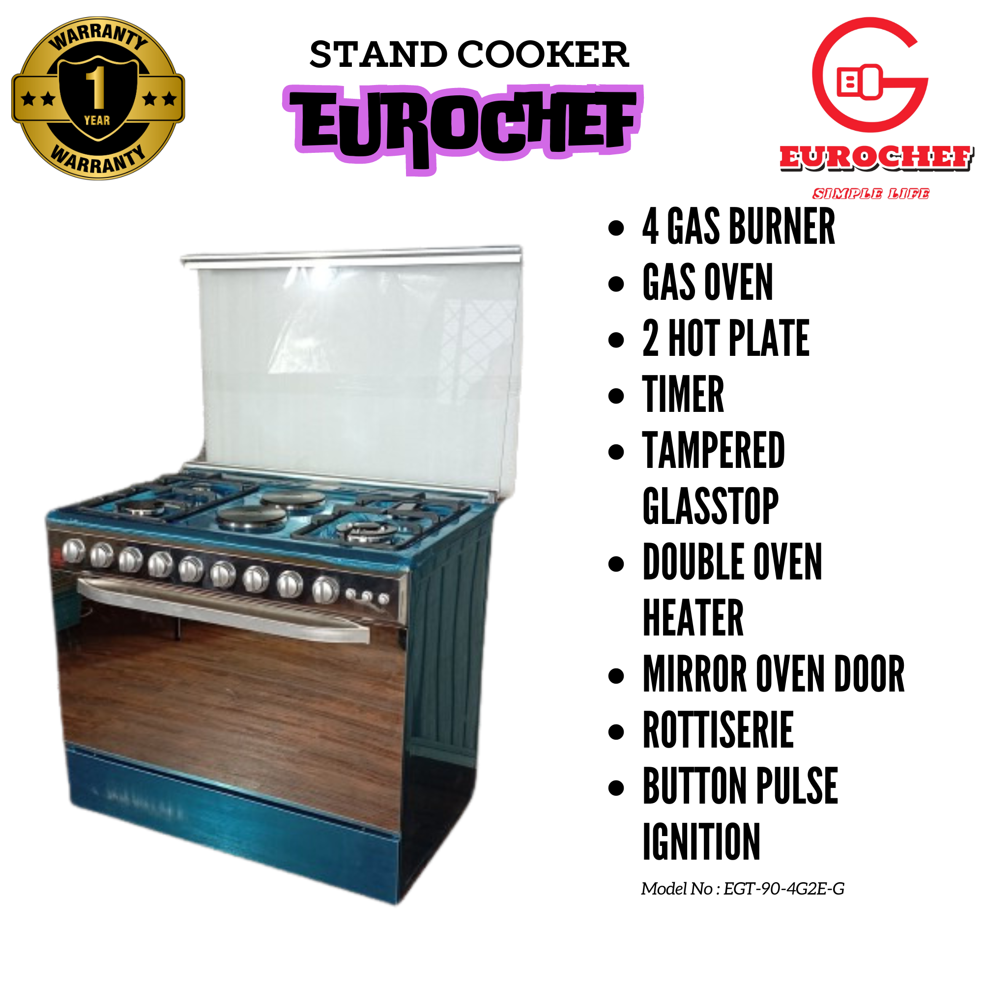 EUROCHEF EG90-4G2E STAND GAS COOKER 90X60CM Gas Oven  Silver