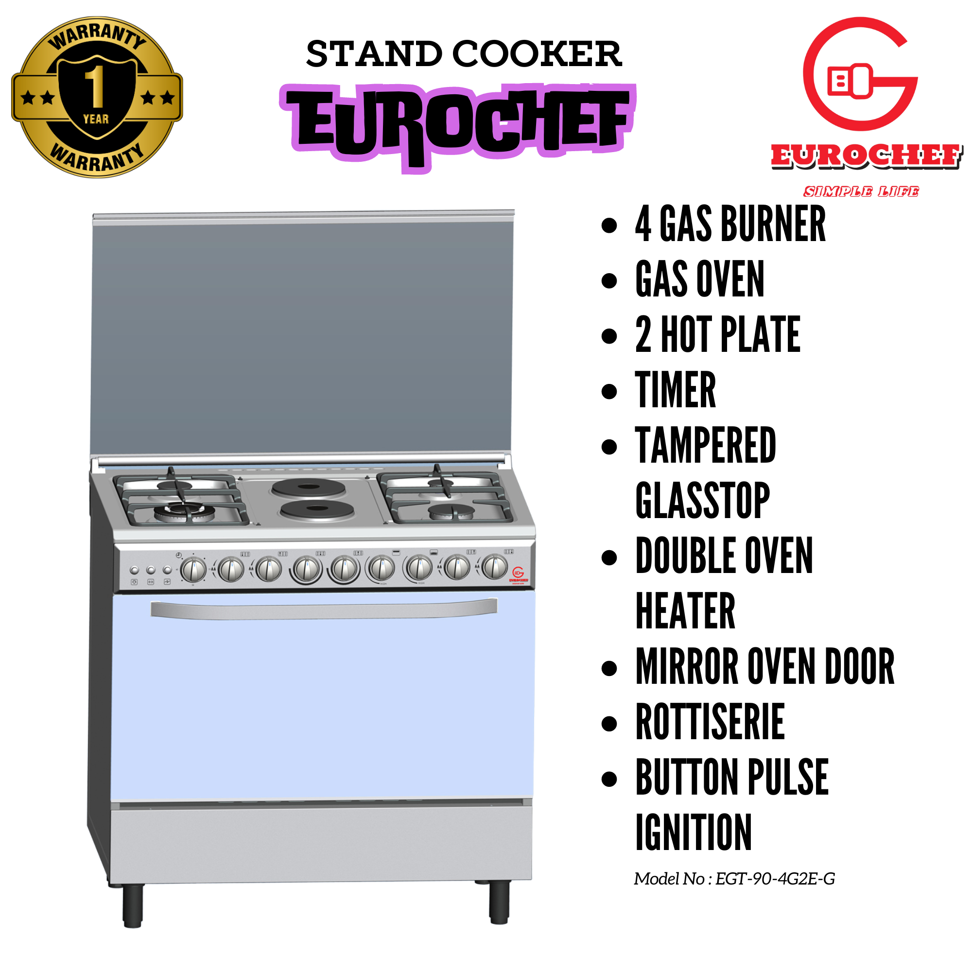 EUROCHEF EG90-4G2E STAND GAS COOKER 90X60CM Gas Oven  Silver