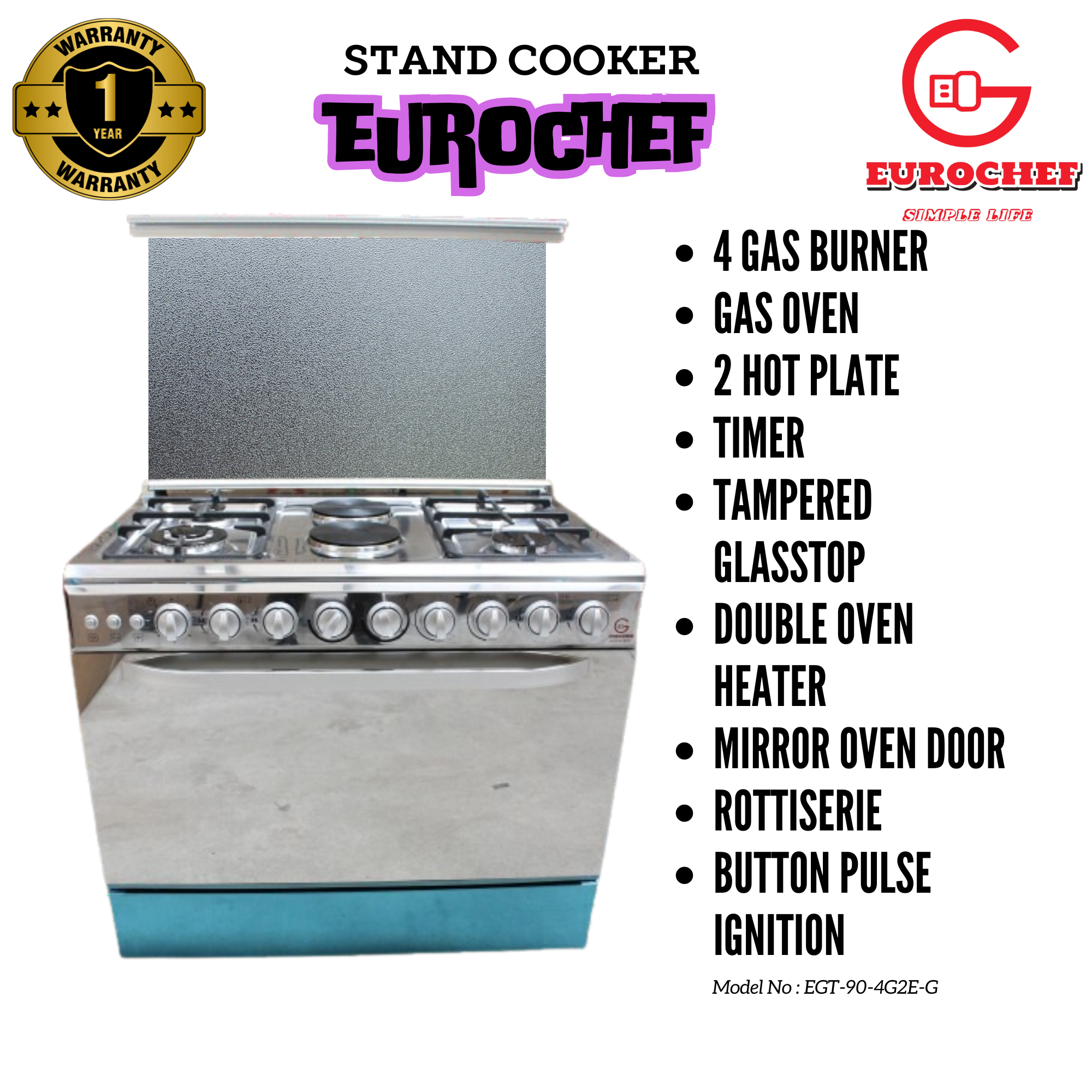 EUROCHEF EG90-4G2E STAND GAS COOKER 90X60CM Gas Oven  Silver