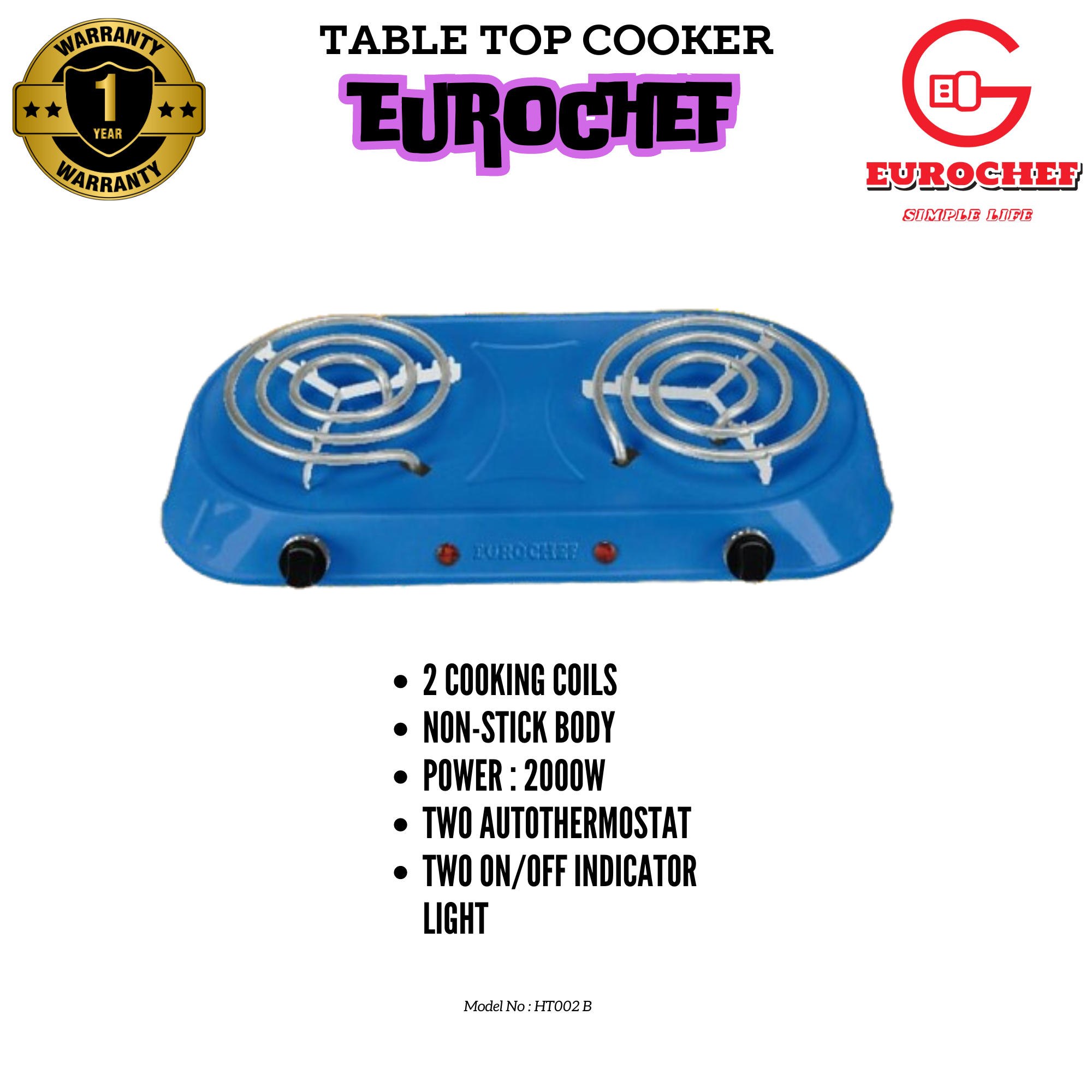 EUROCHEF CLEARANCE OFFER  Electric Tabletop Double Spiral Coil Cooker LIGHT BLUE
