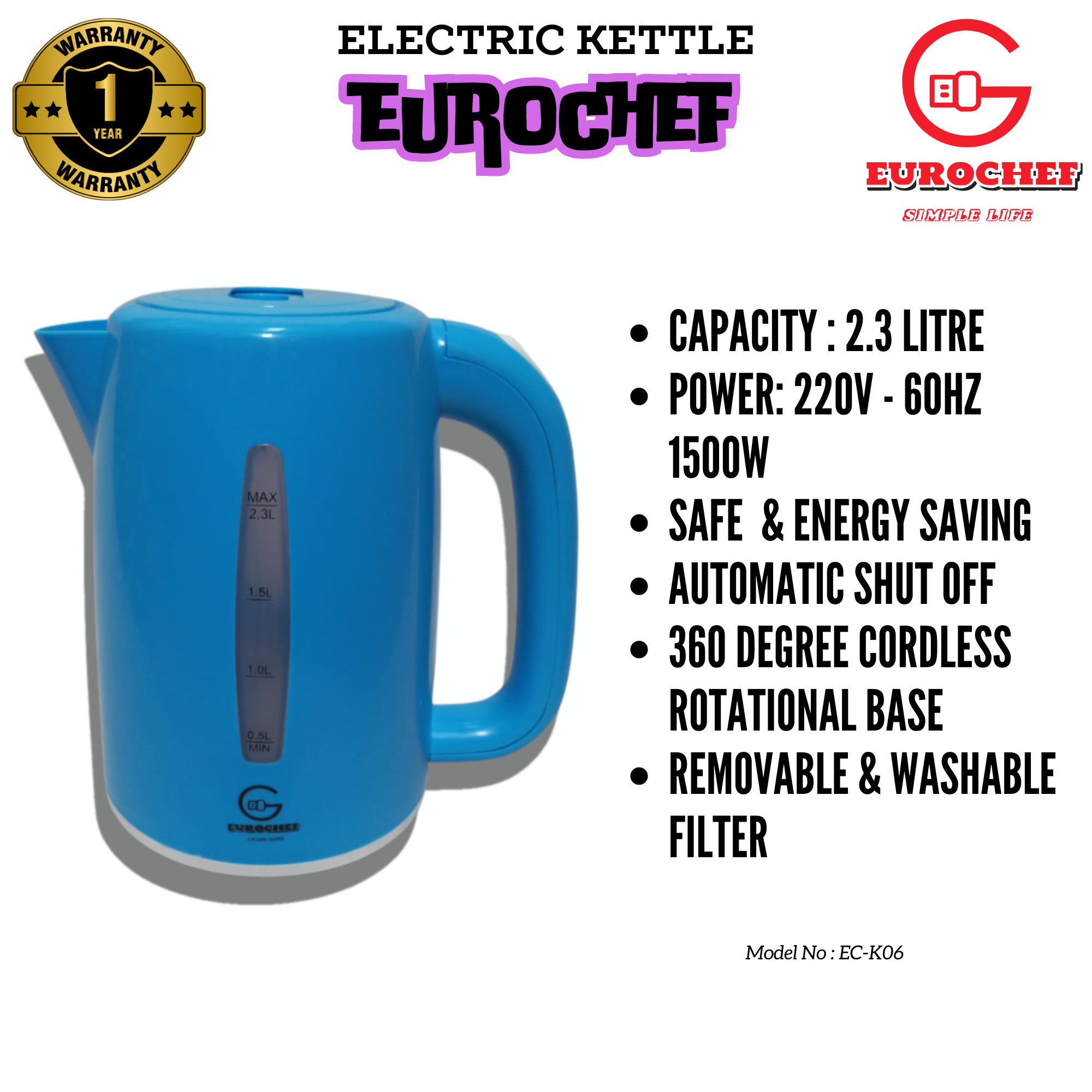 Eurochef  EC-K06 Electric Kettle Automatic, 2.3 Litres -  Blue