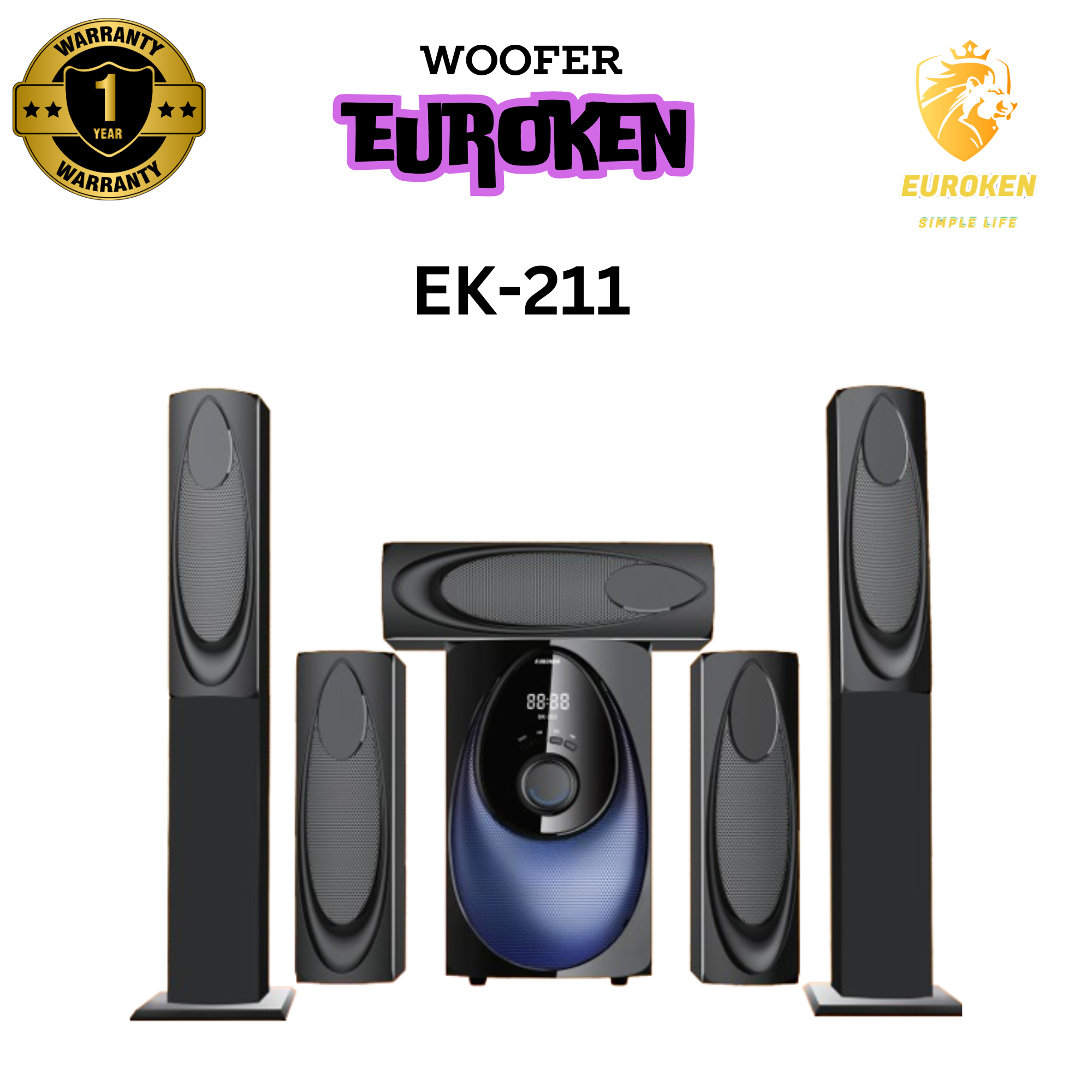 EUROKEN EK-211 5 IN 1 TALL BOY AC/DC 12000W PMPO HOMETHEATRE MULTIMEDIA SPEAKER SYSTEM WITH BLUETOOTH/FM/USB/SD MEM CARD SUPPORT