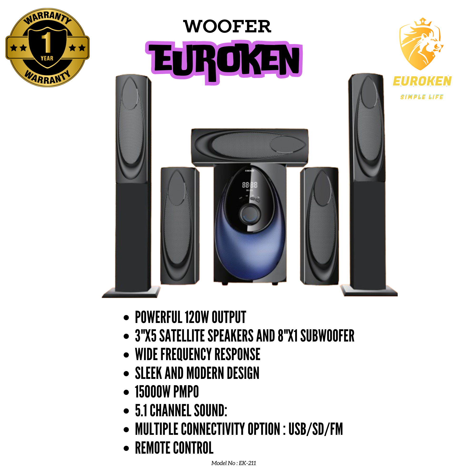 EUROKEN EK-211 5 IN 1 TALL BOY AC/DC 12000W PMPO HOMETHEATRE MULTIMEDIA SPEAKER SYSTEM WITH BLUETOOTH/FM/USB/SD MEM CARD SUPPORT