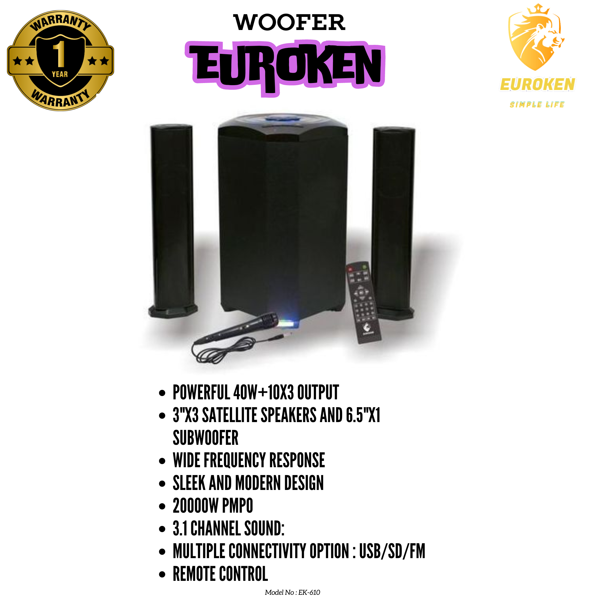 Euroken EK-607 MTUNGI WOOFER 20000W, Home Theatre Woofer BT FM Speaker 20000W FREE MIC P.M.P.O 20000W 2.1 Multimedia