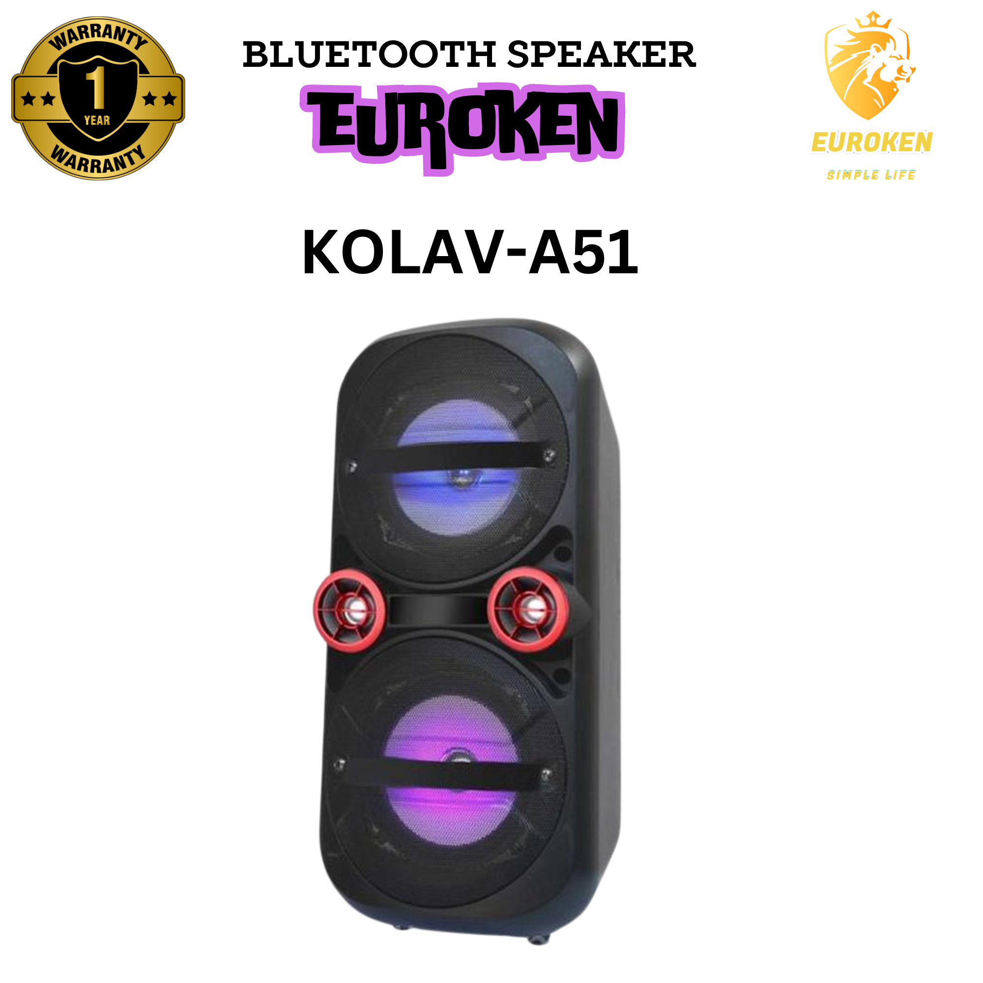 EUROKEN KOLAV-A51 RECHARGEABLE  Wireless Bluetooth Speaker  Large Volume Cool Dynamic Atmosphere Light