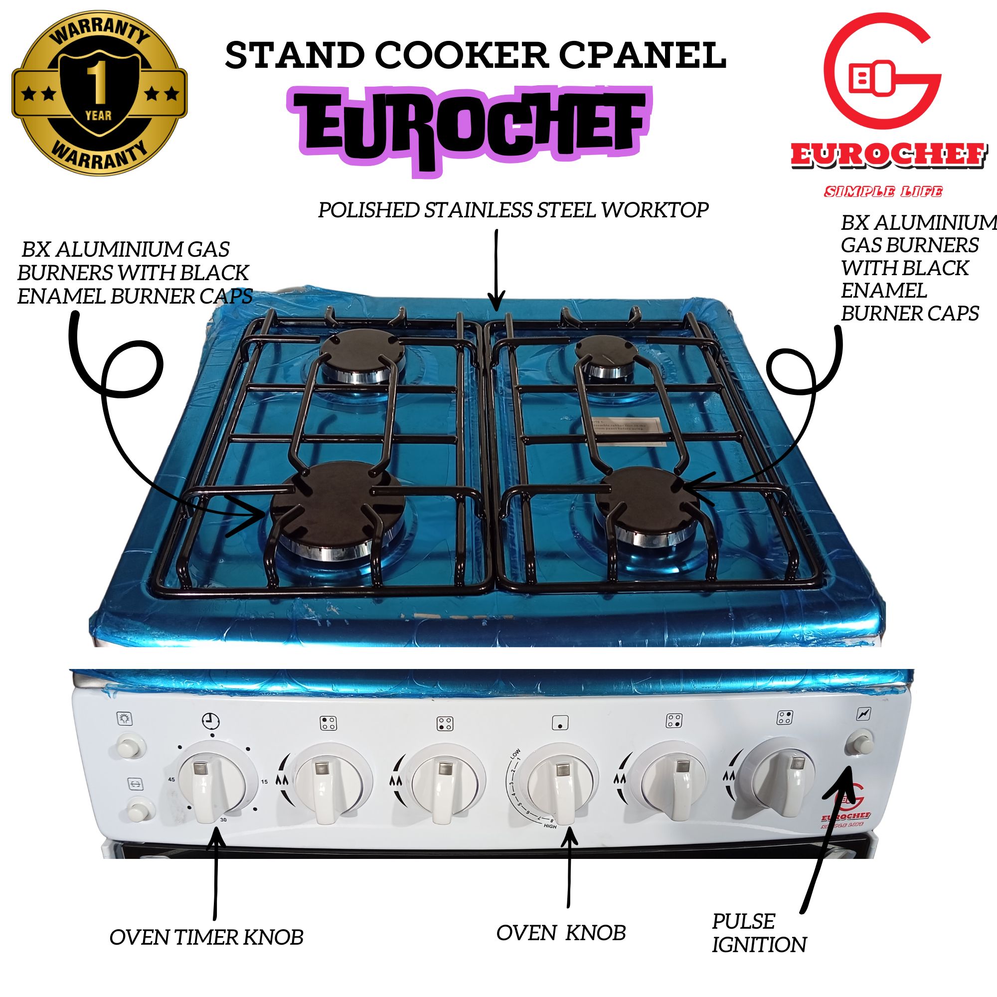 Special Offer Eurochef EG65-4G+G Free Standing 4 Gas Burners Oven Cooker Gas Cooker