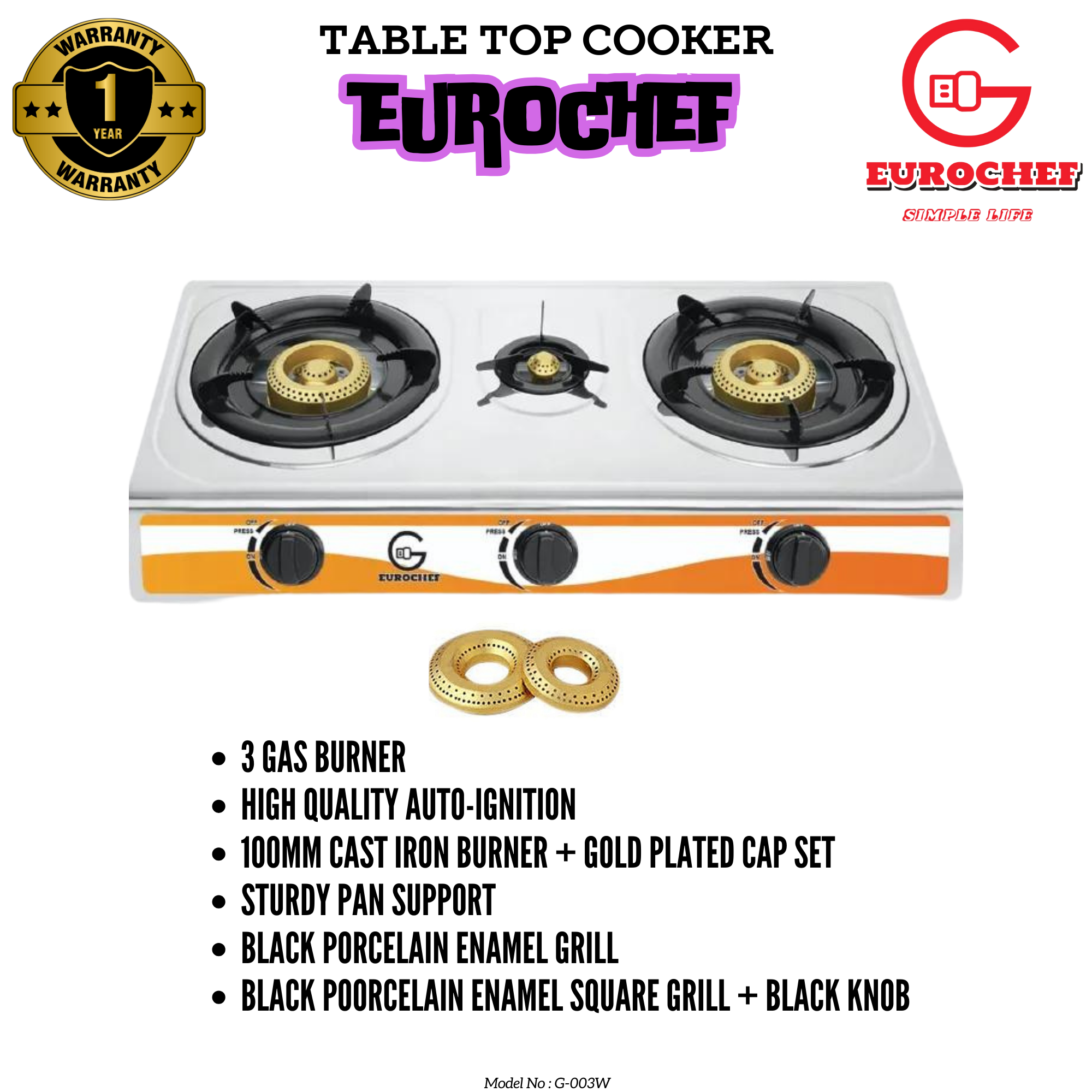 Eurochef G-003W  three Burner Gas Cooker Table Top Stove WHITE