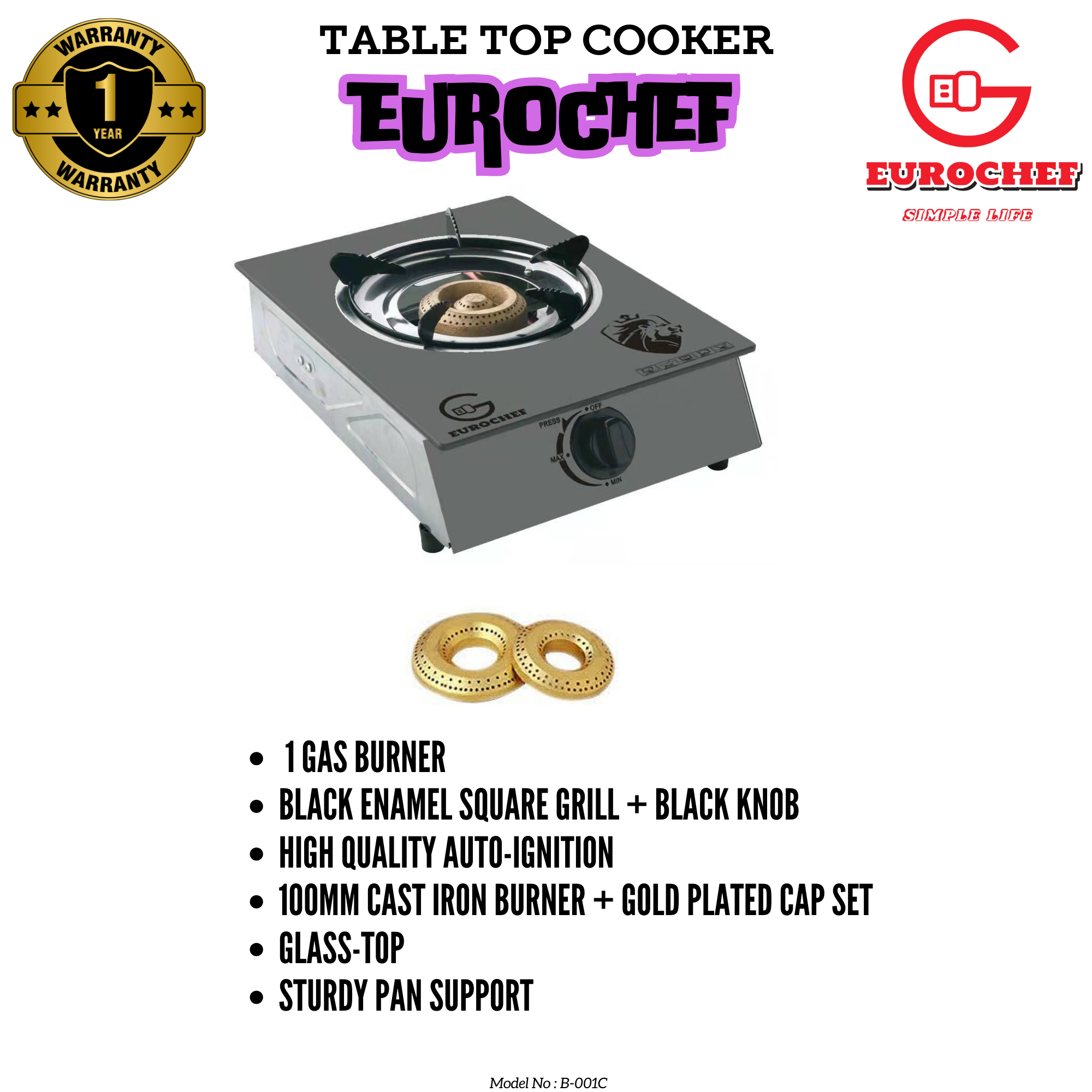 EUROCHEF B-001C  Table top Gas Stove cooker with One / Single Burner with Glasstop