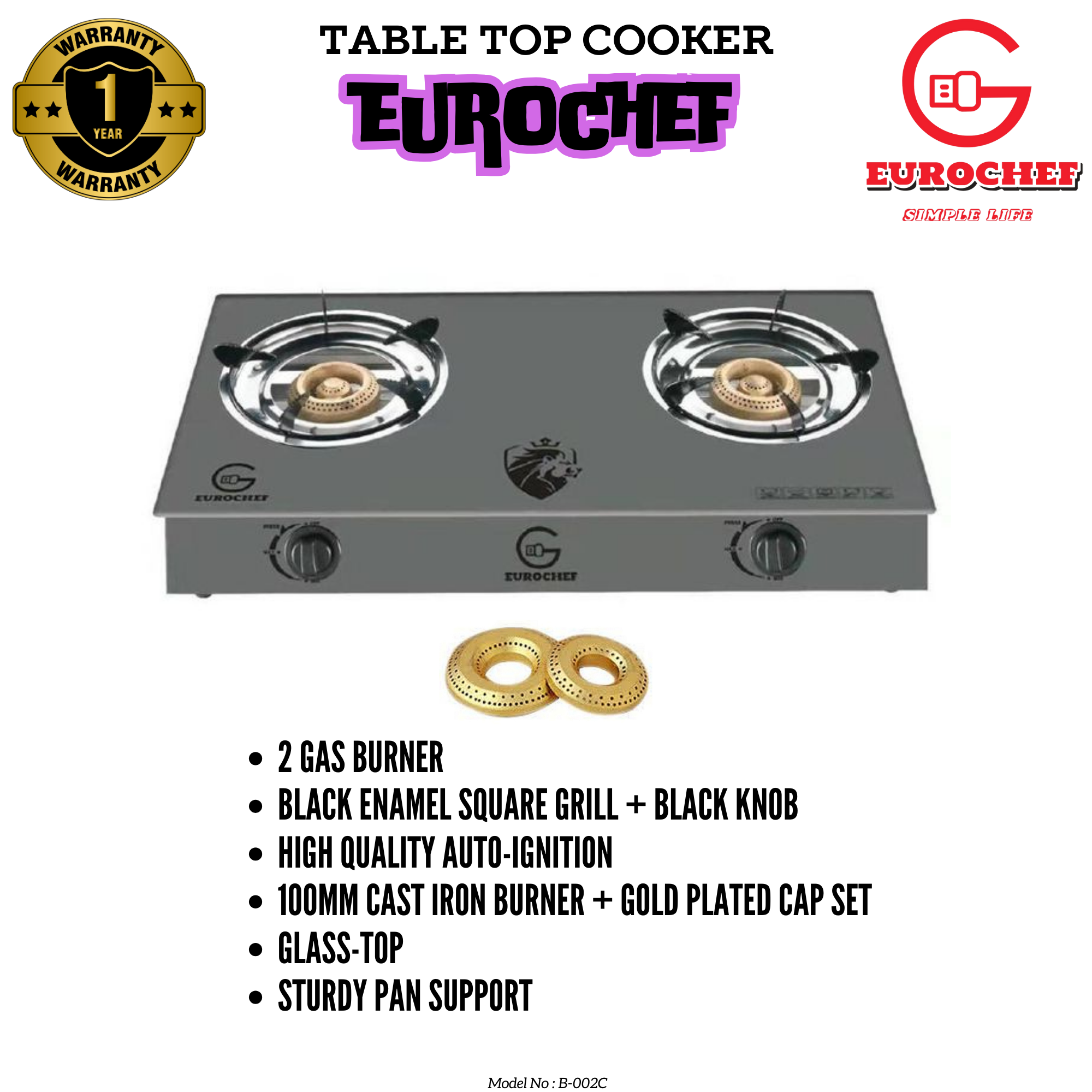 B-002C  Eurochef  Glasstop Double Burner Gas Stove- Gas Cooker Silver