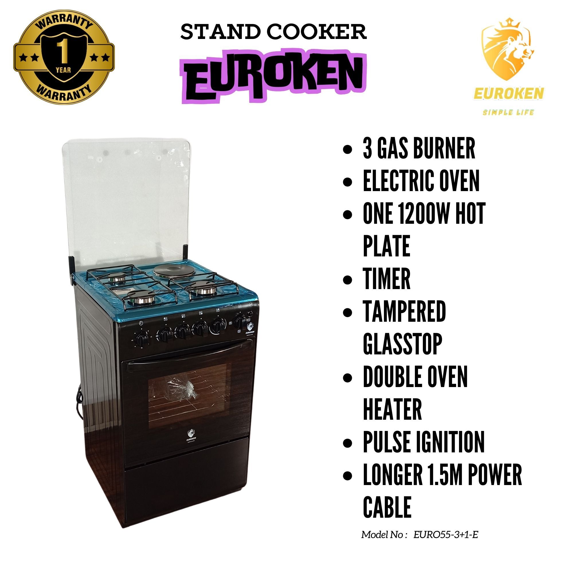 【Exclusive Offer】 EUROKEN EURO55-3G1E-E  50L HOME IMPROVEMENT  FREE STANDING COOKER 3 GAS +1 HOTPLATE KITCHEN APPLIANCE WITH ELECTRIC OVEN - 50X55CM