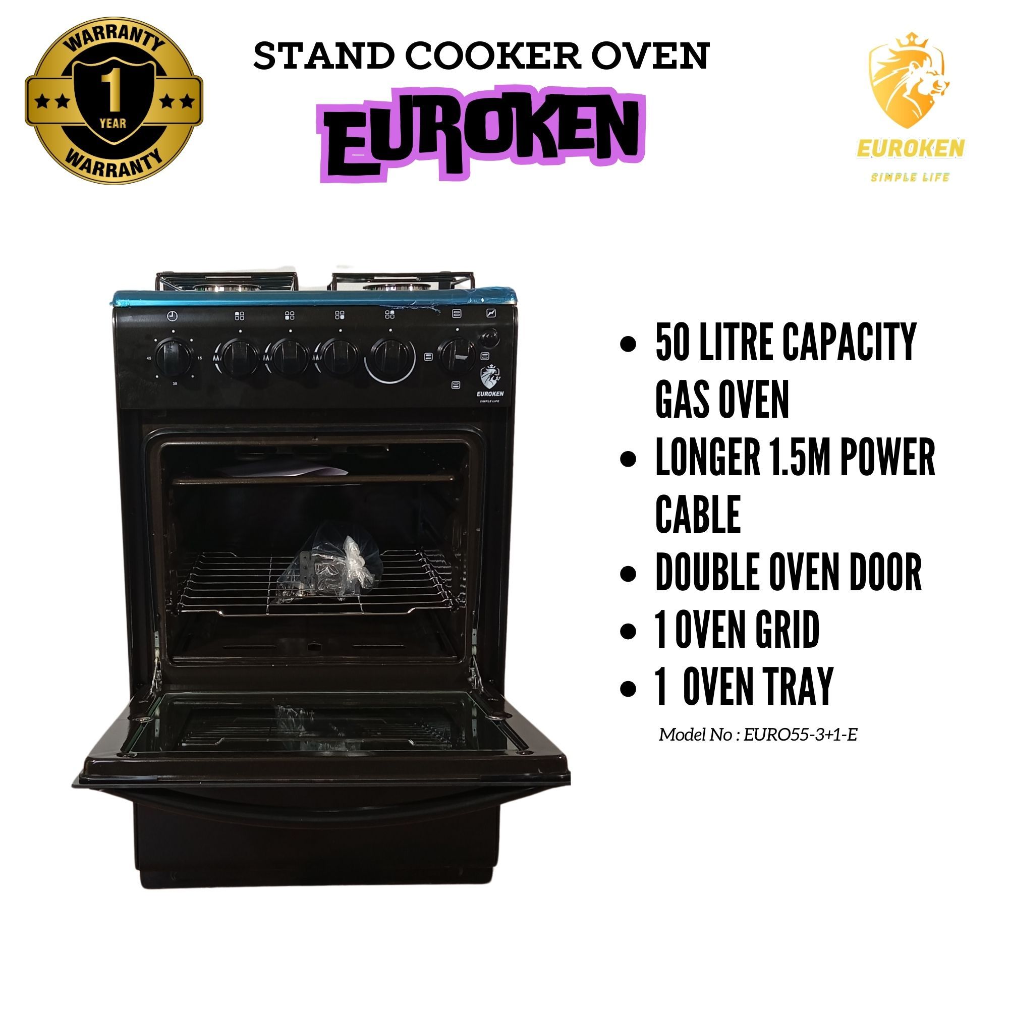 【Exclusive Offer】 EUROKEN EURO55-3G1E-E  50L HOME IMPROVEMENT  FREE STANDING COOKER 3 GAS +1 HOTPLATE KITCHEN APPLIANCE WITH ELECTRIC OVEN - 50X55CM