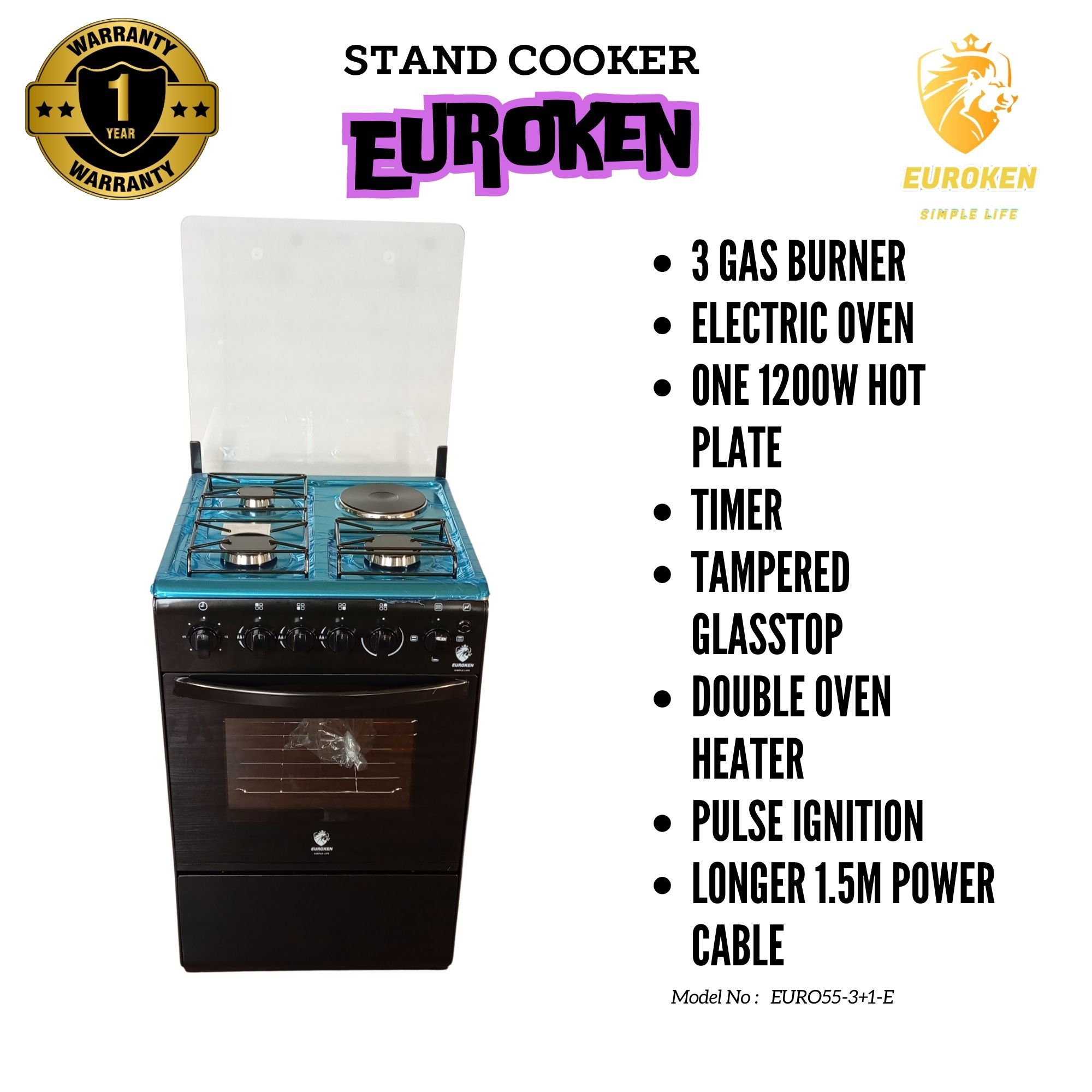 【Exclusive Offer】 EUROKEN EURO55-3G1E-E  50L HOME IMPROVEMENT  FREE STANDING COOKER 3 GAS +1 HOTPLATE KITCHEN APPLIANCE WITH ELECTRIC OVEN - 50X55CM