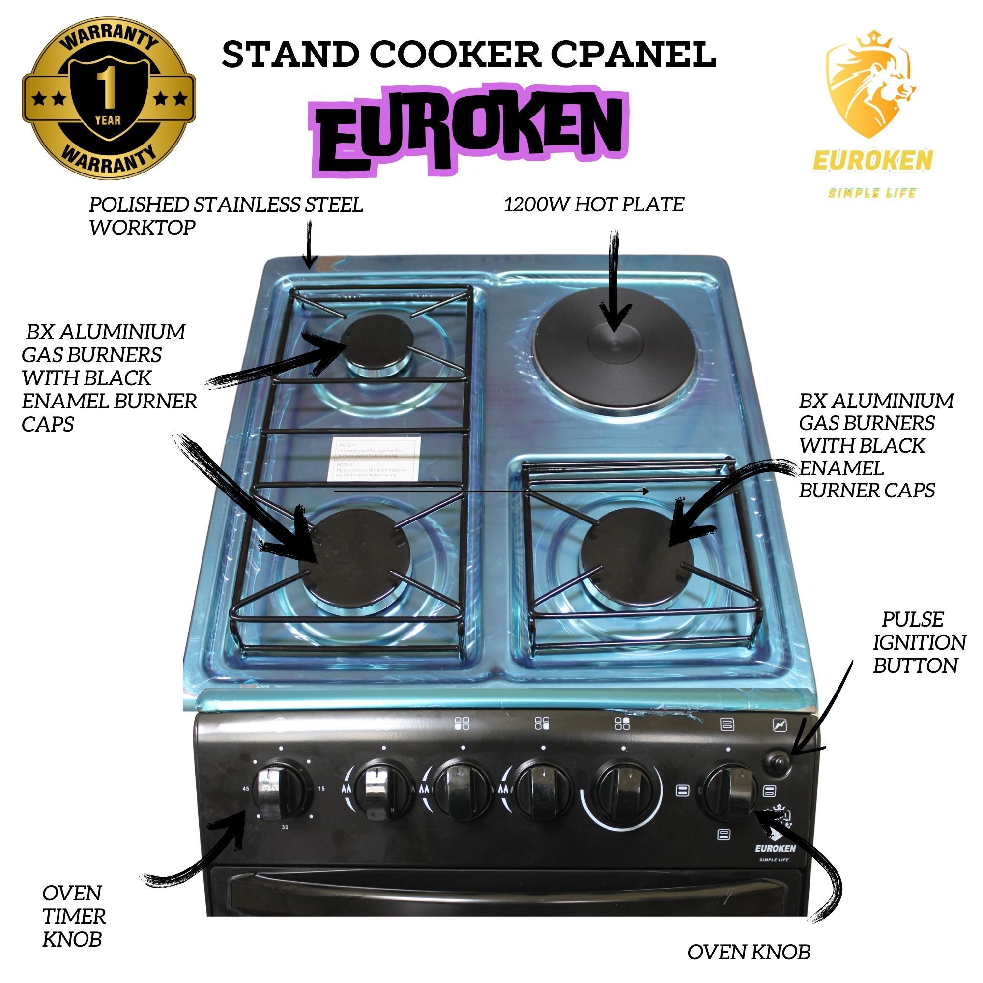 【Exclusive Offer】 EUROKEN EURO55-3G1E-E  50L HOME IMPROVEMENT  FREE STANDING COOKER 3 GAS +1 HOTPLATE KITCHEN APPLIANCE WITH ELECTRIC OVEN - 50X55CM